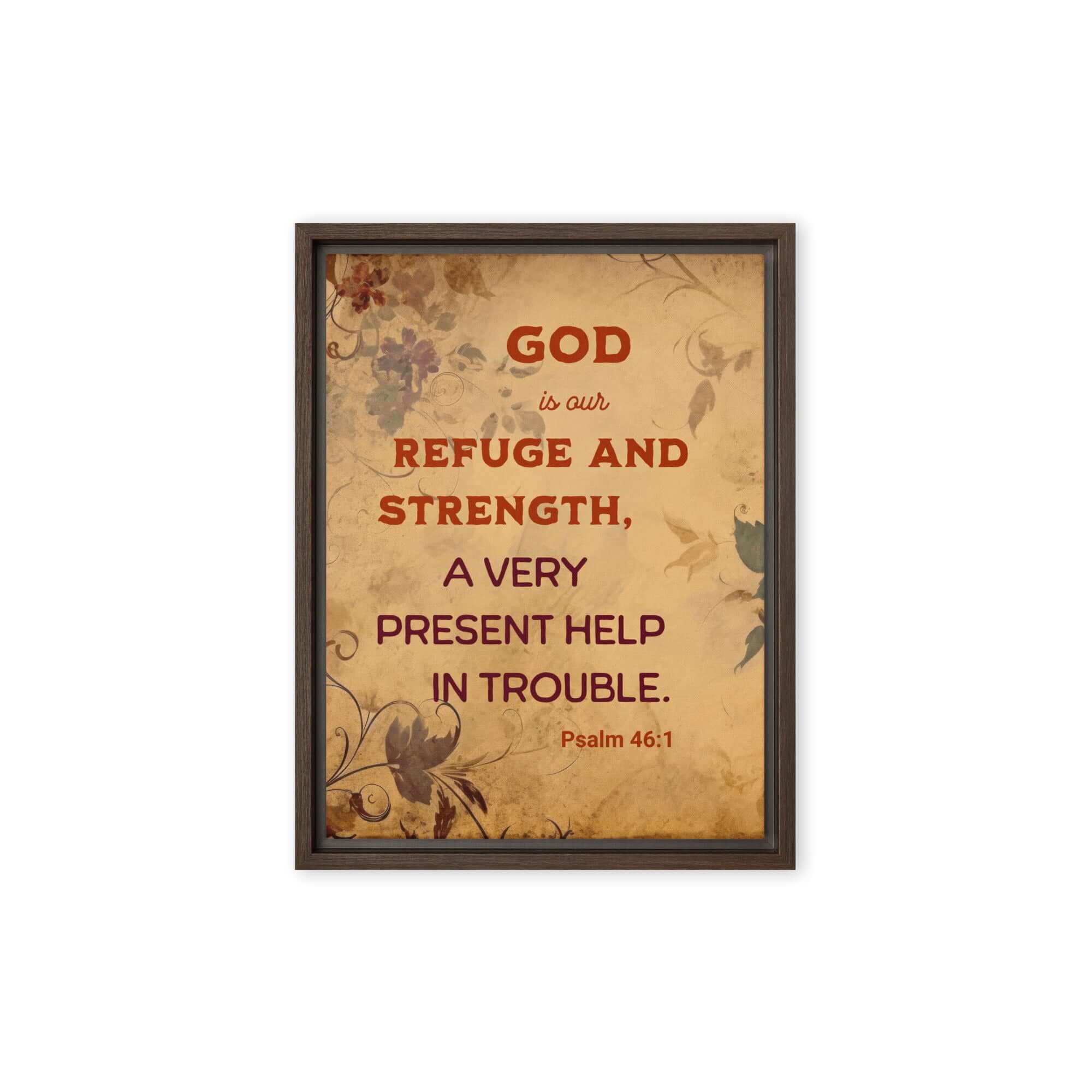 Psalm 46:1 Bible Verse, God is Our Refuge Framed Canvas Print Wall Art Brown 12″×16″