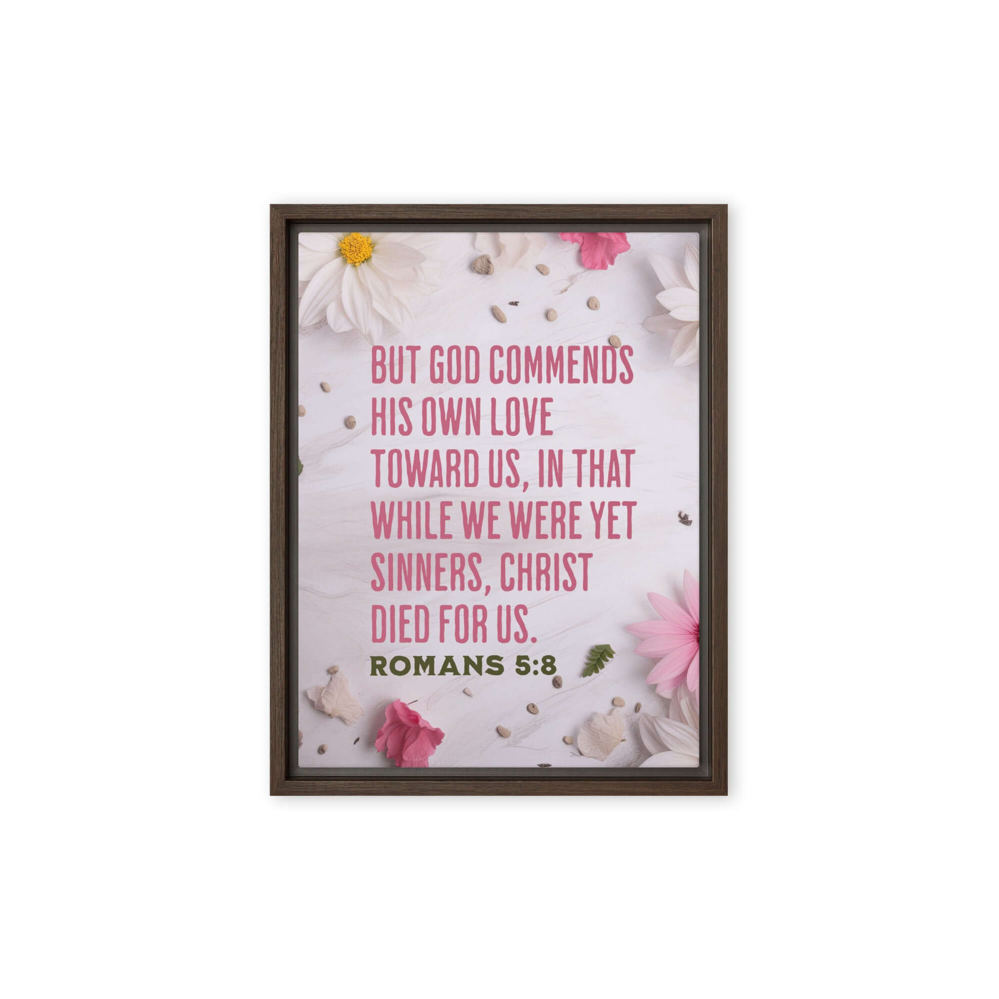 Romans 5:8 Bible Verse, Christ Died for Us Framed Canvas Print Wall Art Brown 12″×16″