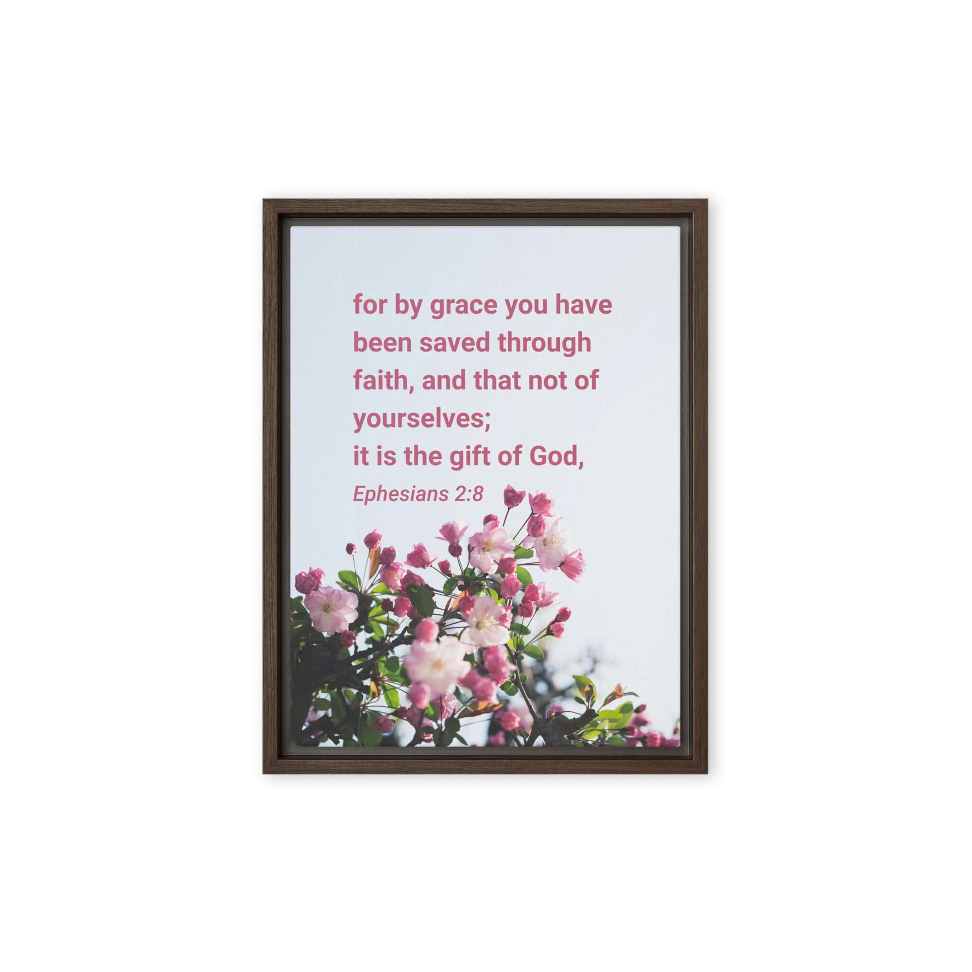 Ephesians 2:8 Bible Verse, saved through faith Framed Canvas Print Wall Art Brown 12″×16″