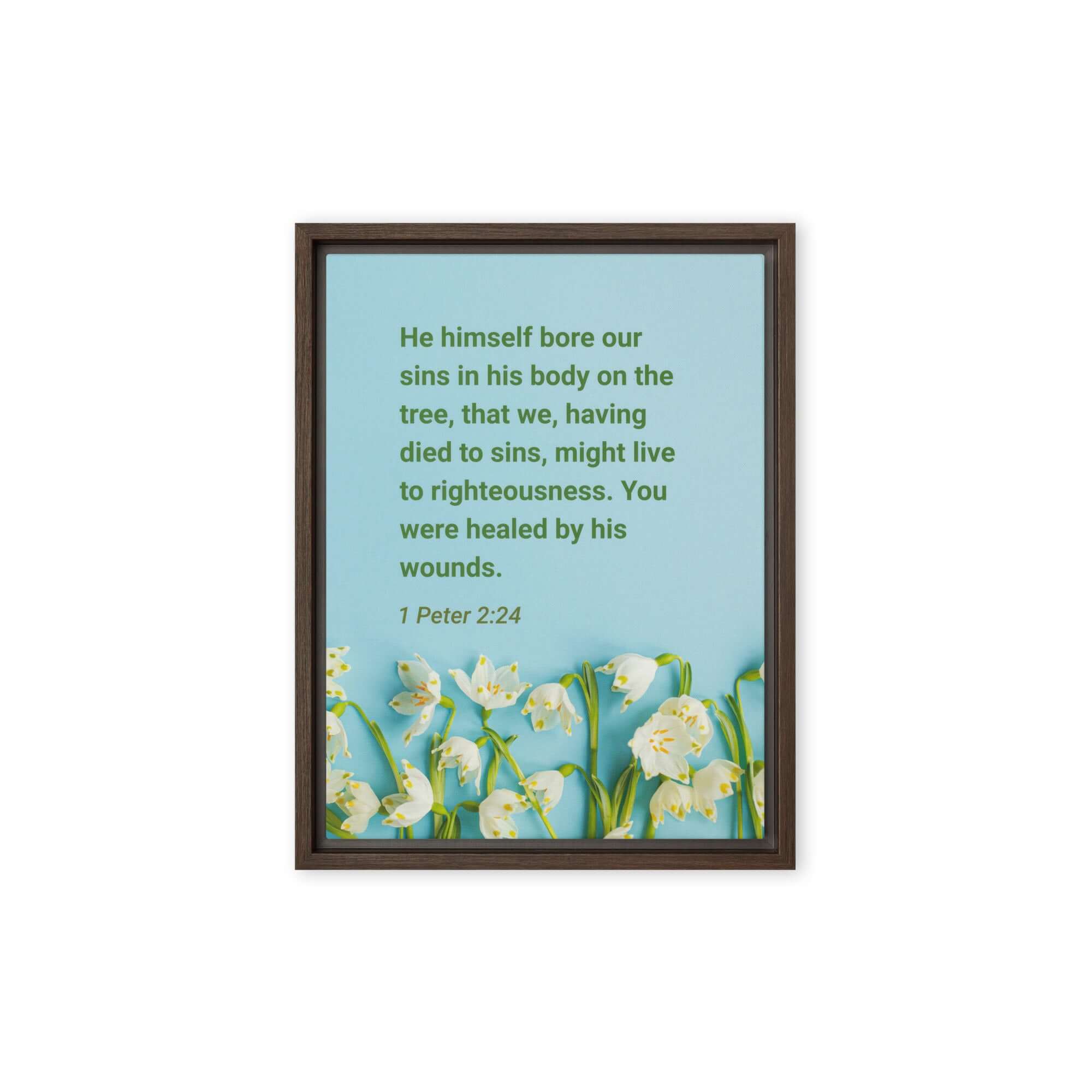 1 Peter 2:24 Bible Verse, healed by His wounds Framed Canvas Print Wall Art Brown 12″×16″