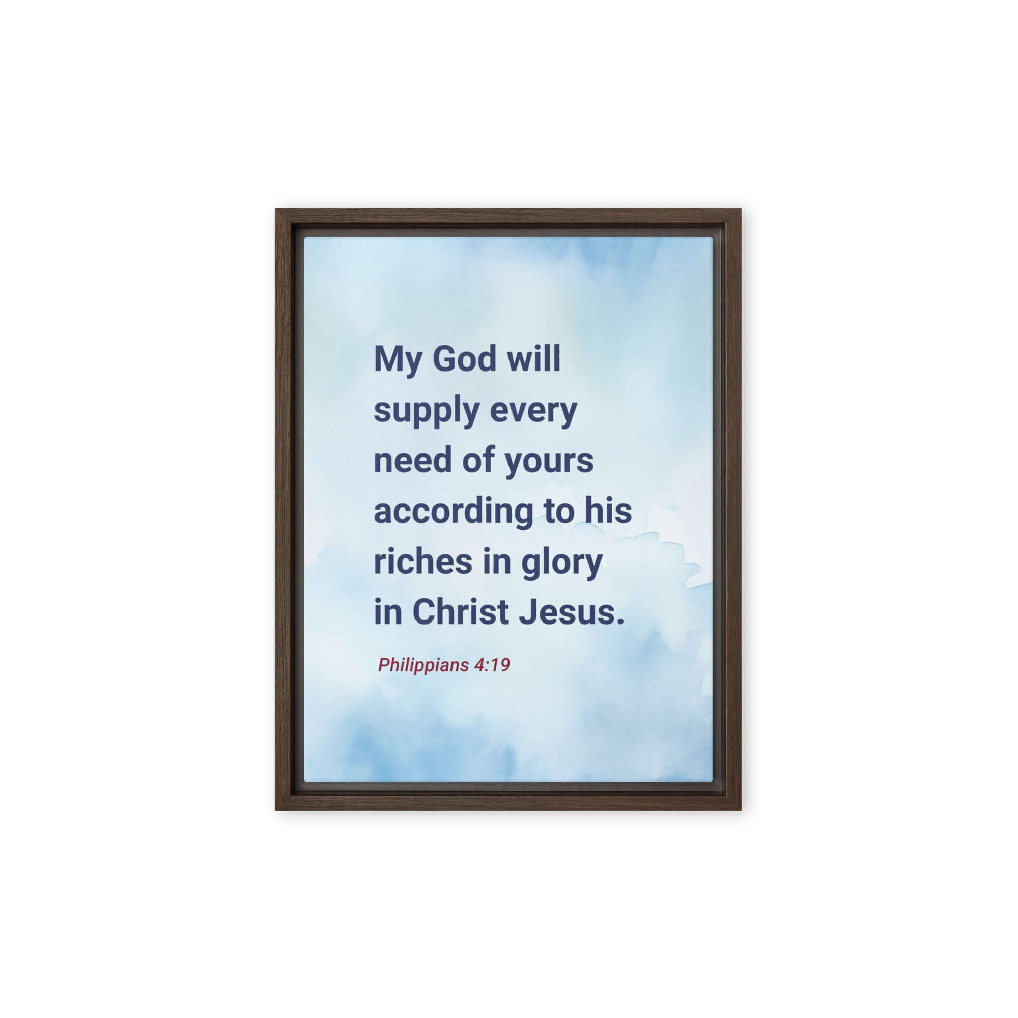 Philippians 4:19 Bible Verse, God will supply Framed Canvas Print Wall Art Brown 12″×16″