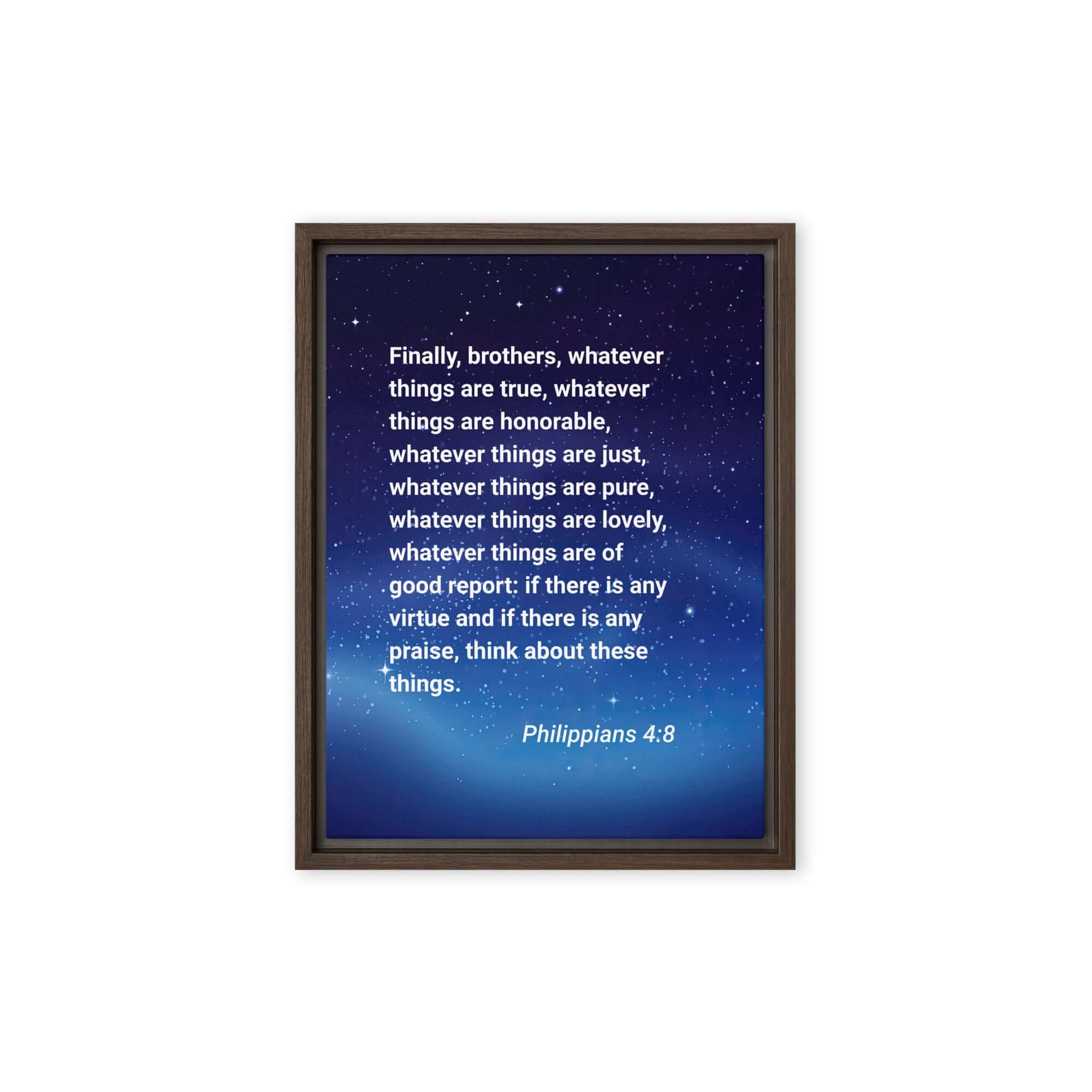 Philippians 4:8 Bible Verse, Think these things Framed Canvas Print Wall Art Brown 12″×16″