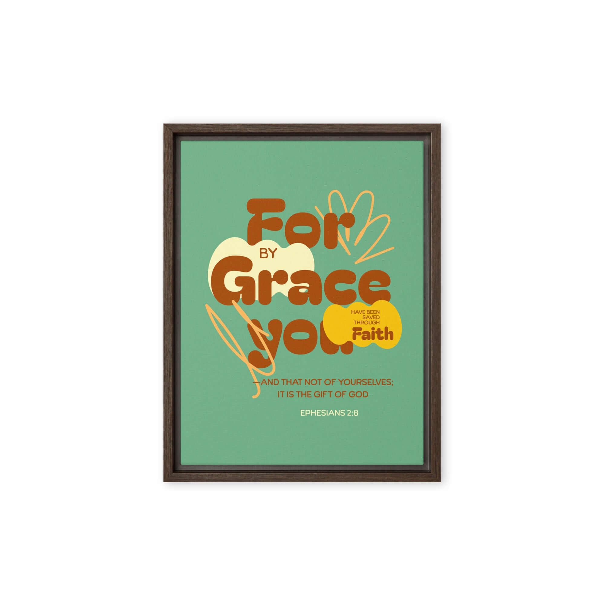 Ephesians 2:8 Bible Verse, for by grace Framed Canvas Print Wall Art Brown 12″×16″