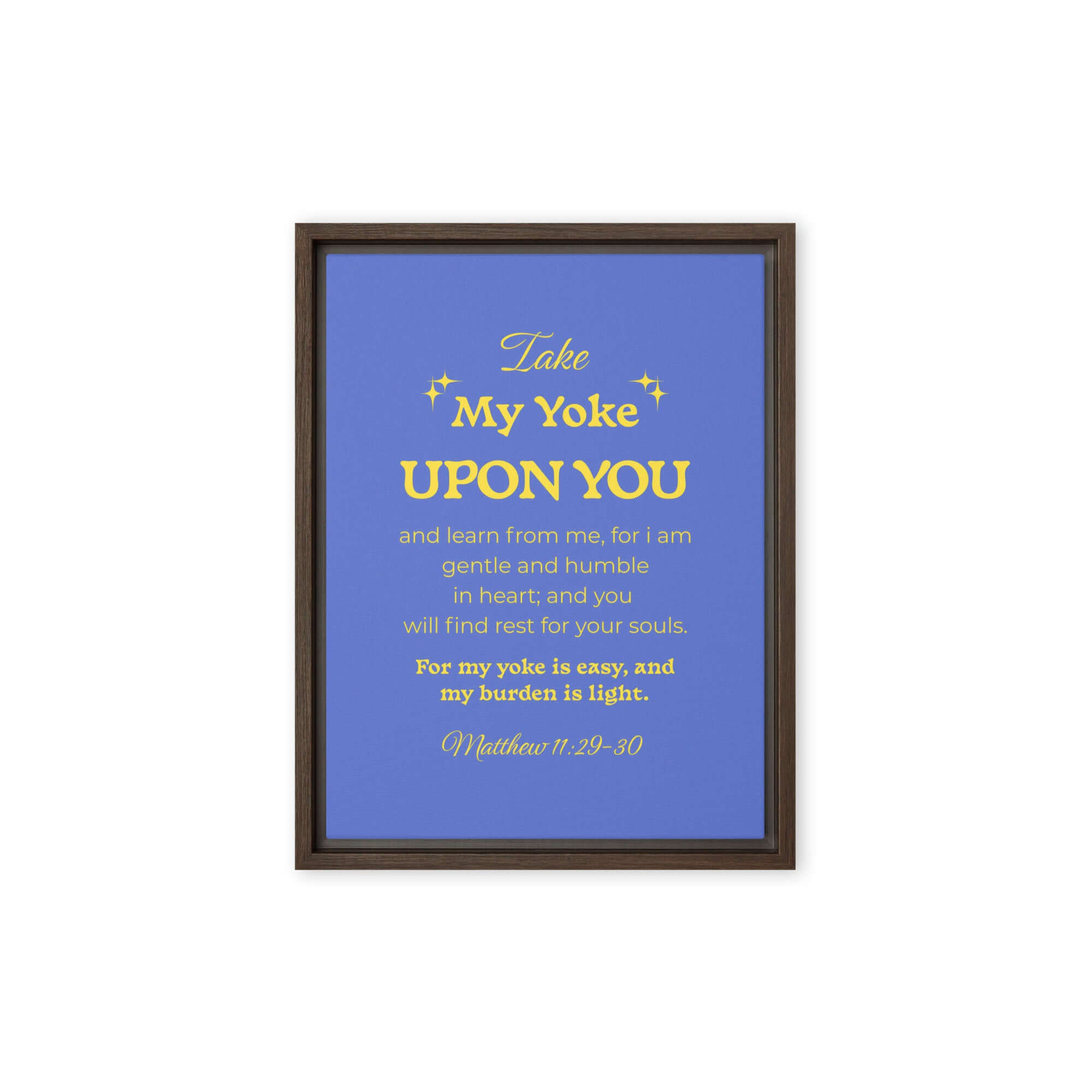 Matthew 11:29-30 Bible Verse, Take my yoke Framed Canvas Print Wall Art Brown 12″×16″