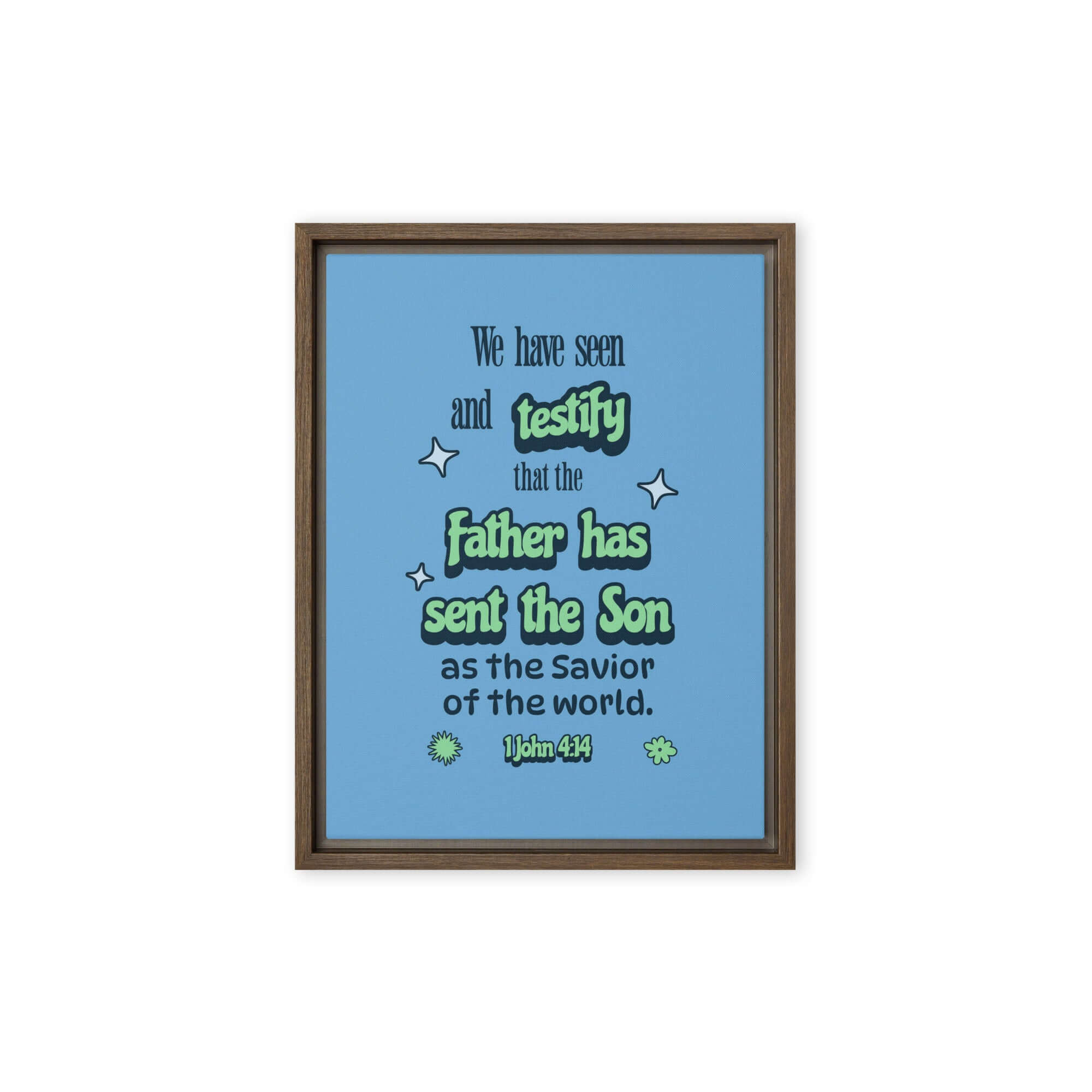 1 John 4:14 Bible Verse, sent the Son Framed Canvas Print Wall Art Brown 12″×16″