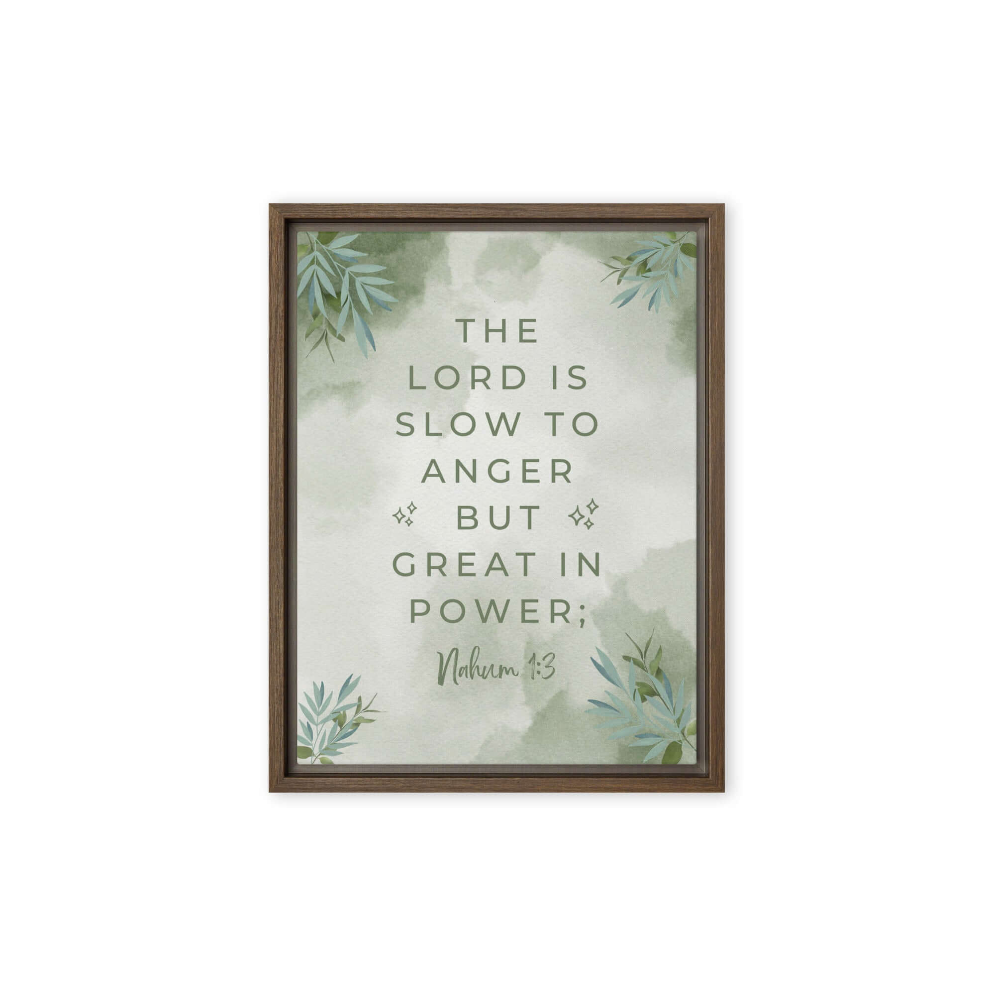 Nahum 1:3 Bible Verse, The Lord is slow Framed Canvas Print Wall Art Brown 12″×16″