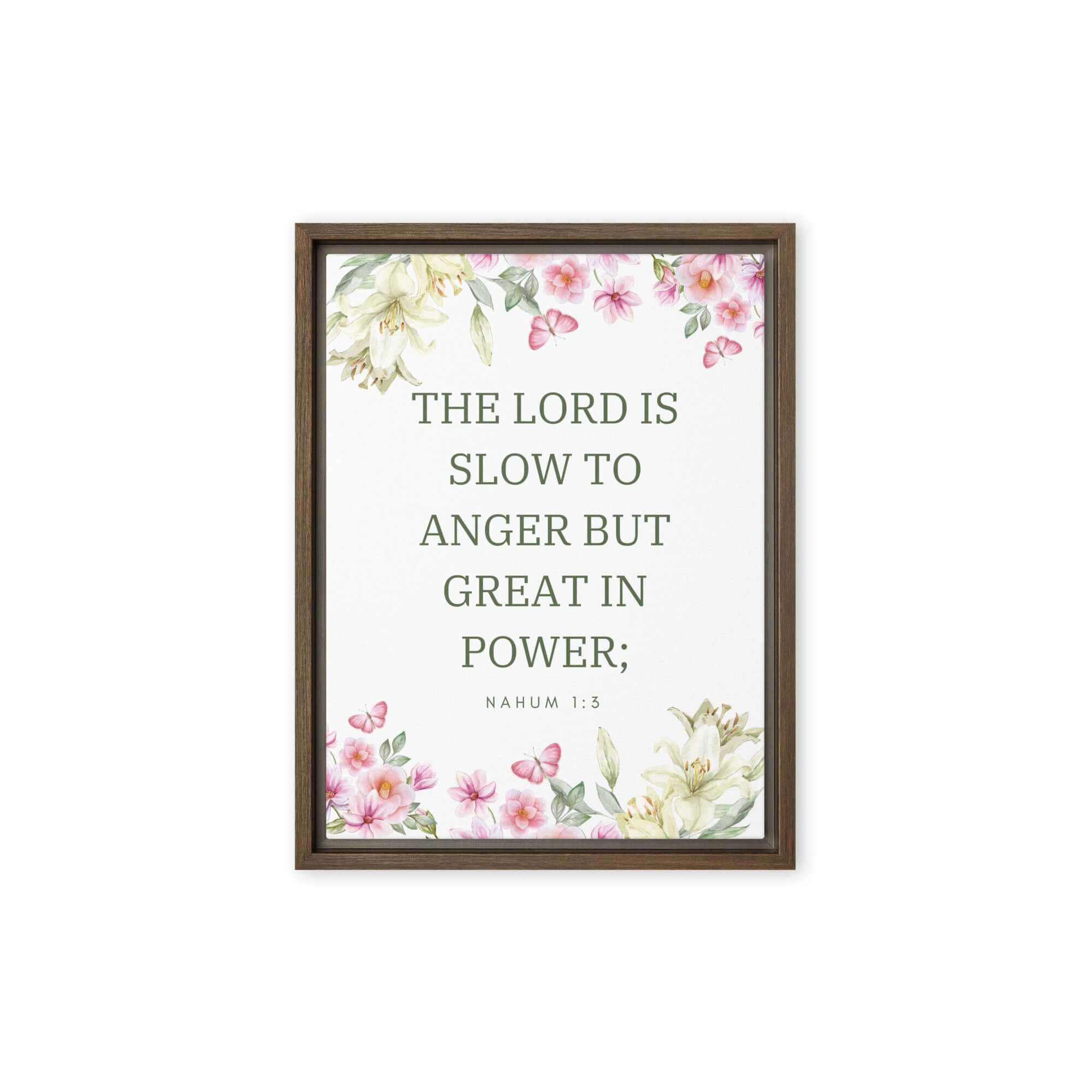 Nahum 1:3 Bible Verse, slow to anger Framed Canvas Print Wall Art Brown 12″×16″