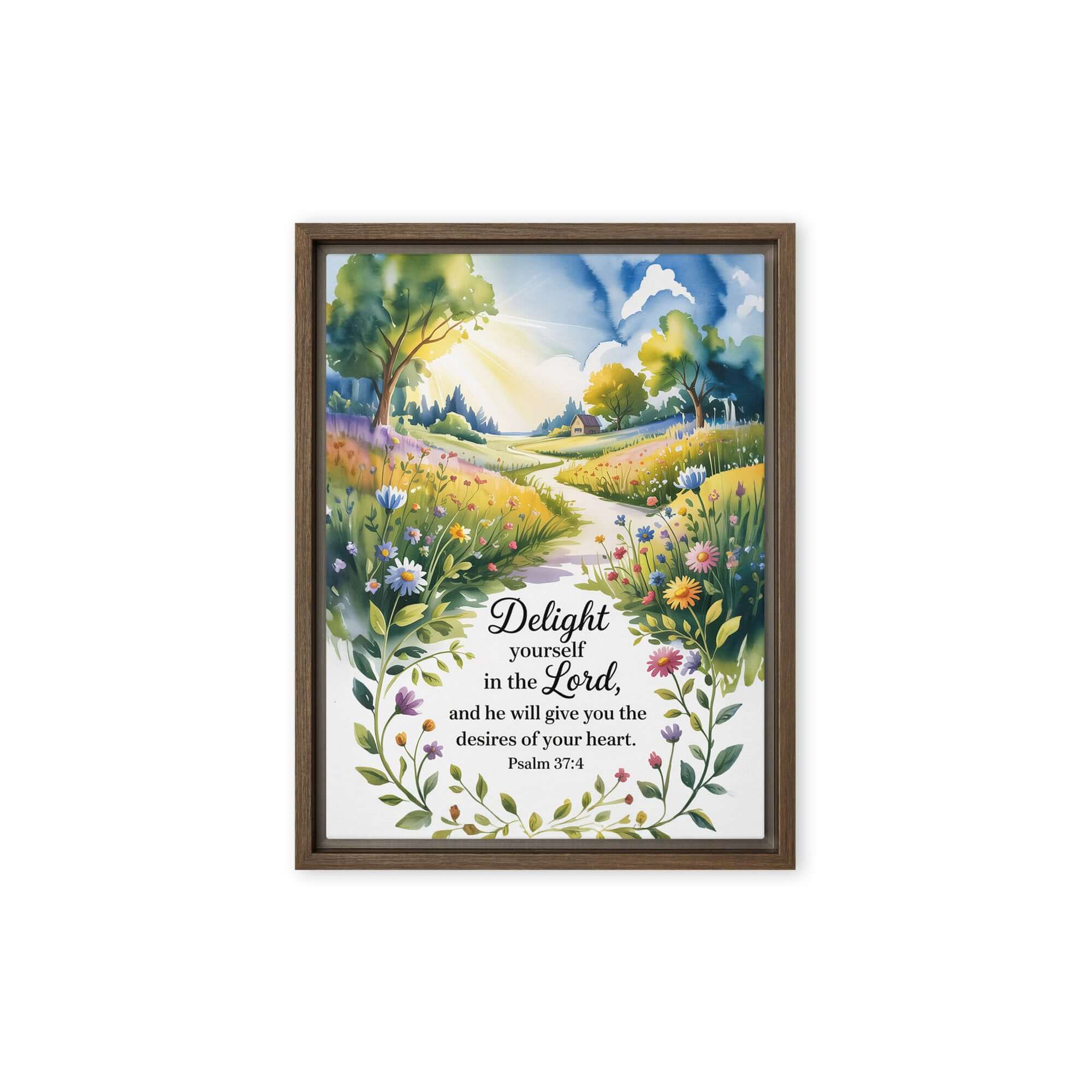 Psalm 37:4 Bible Verse, desires Framed Canvas Brown 12″×16″