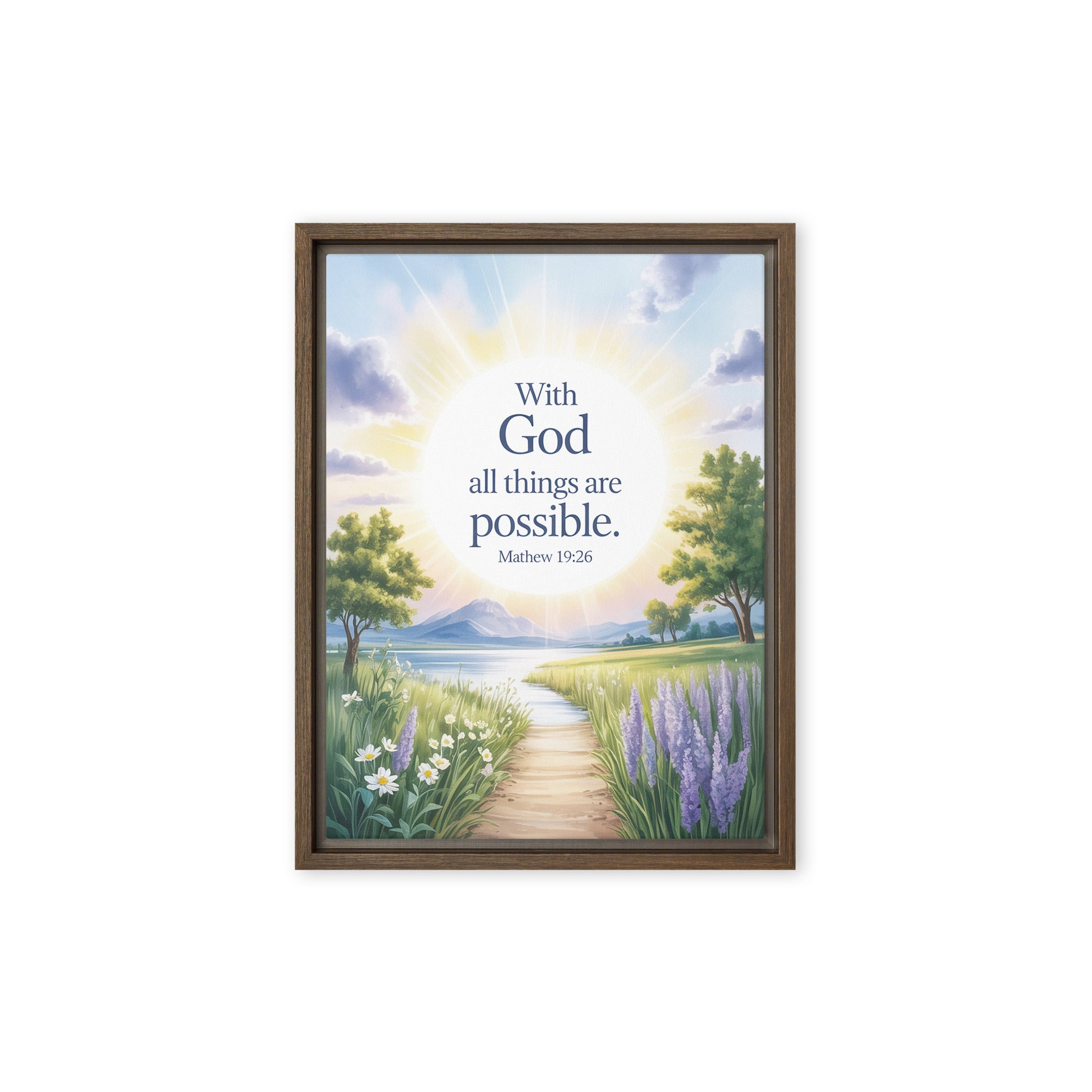 Matthew 19:26 Bible Verse Looking at Framed Canvas Brown 12″×16″