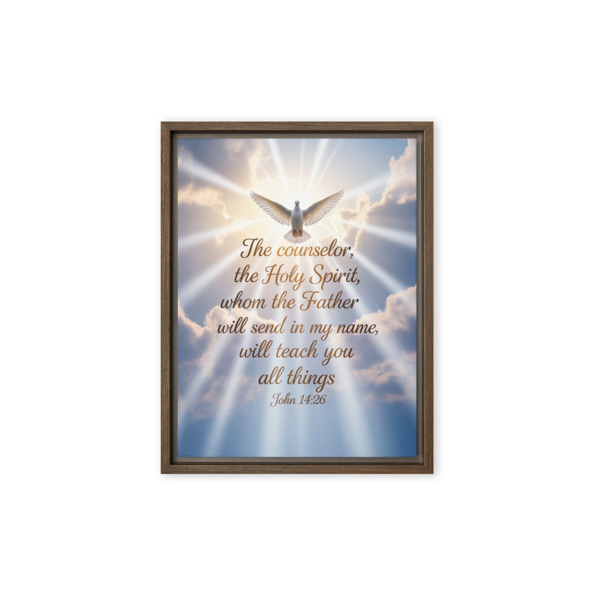John 14:26 Bible Verse Father Framed Canvas Brown 12″×16″