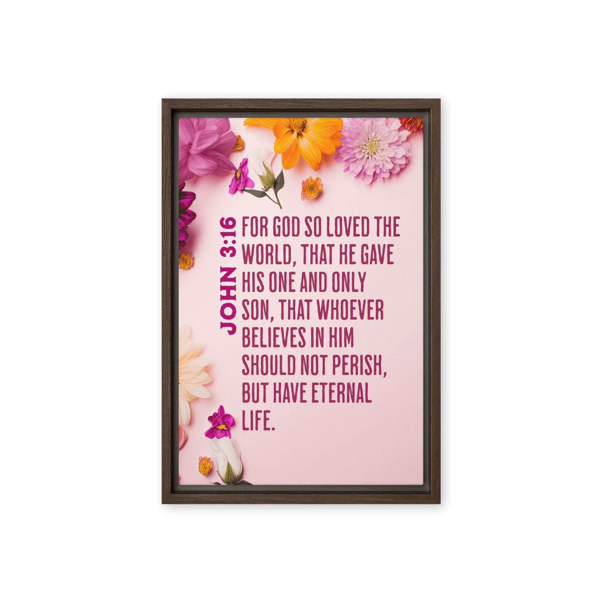 John 3:16 Bible Verse, For God So Loved Framed Canvas Print Wall Art Brown 12″×18″
