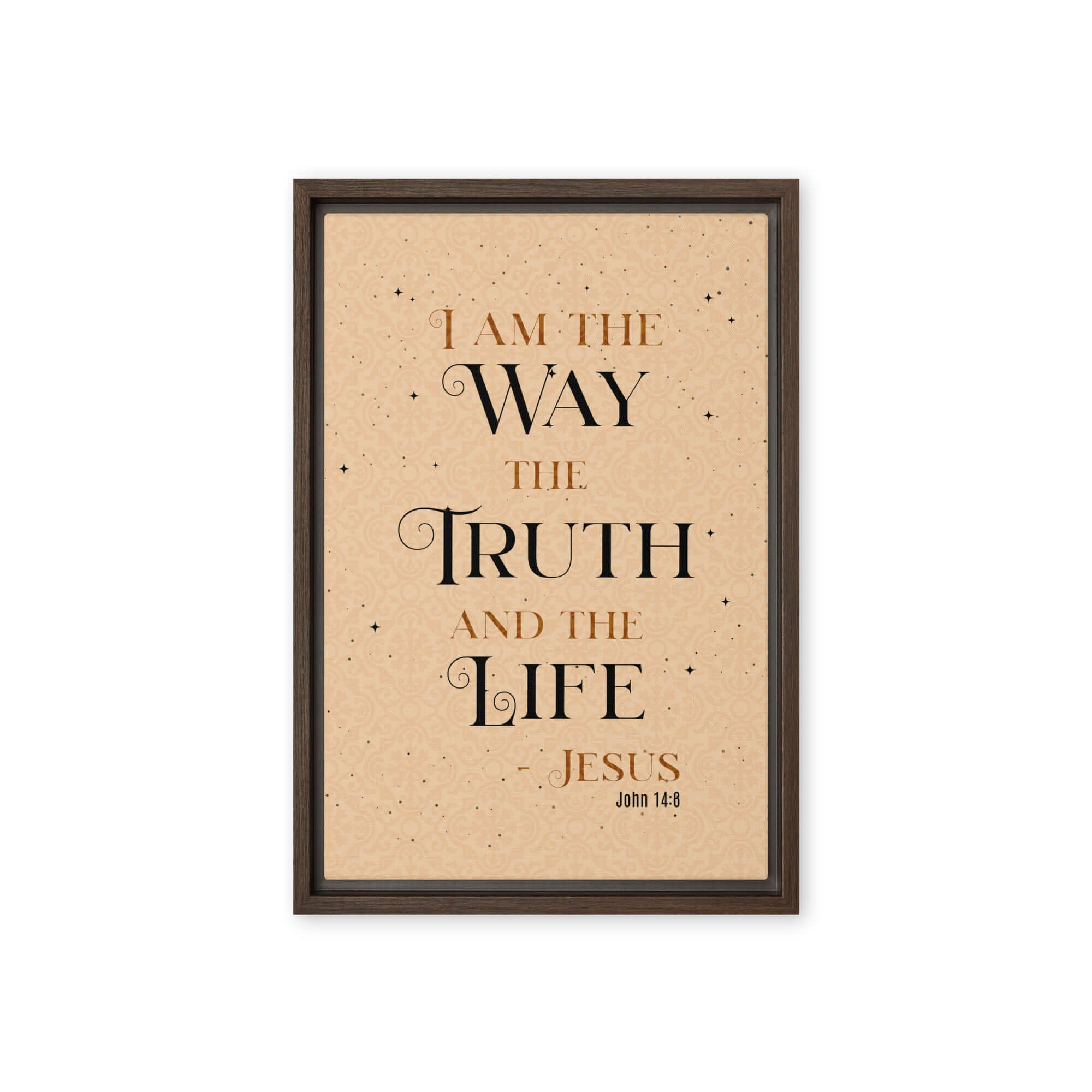 John 14:6 Bible Verse, Color Text Brown Background Framed Canvas Print Wall Art Brown 12″×18″