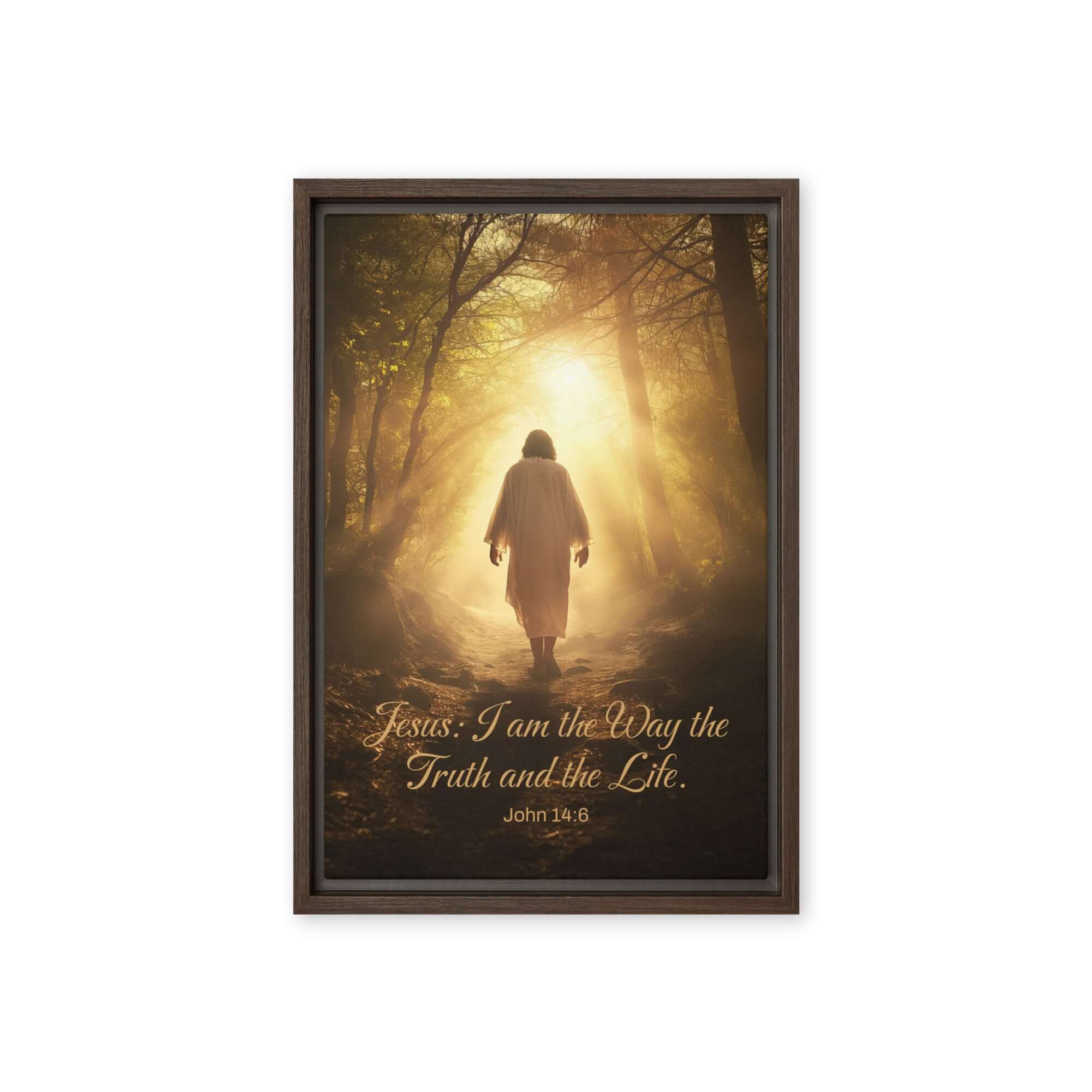 John 14:6 Bible Verse, Forest Image Framed Canvas Print Wall Art Brown 12″×18″