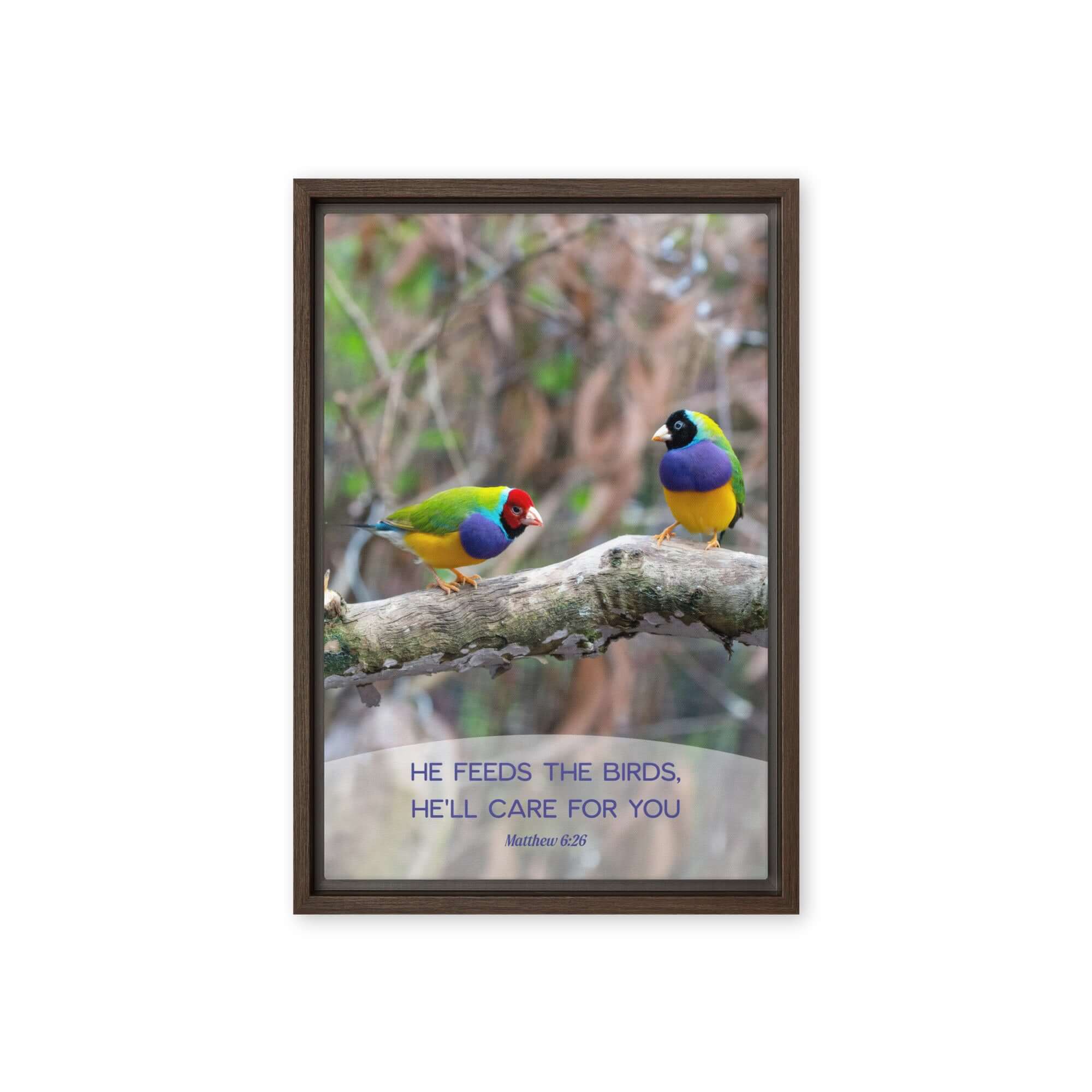 Matthew 6:26 Gouldian Finches, He'll Care for You Framed Canvas Print Wall Art Brown 12″×18″
