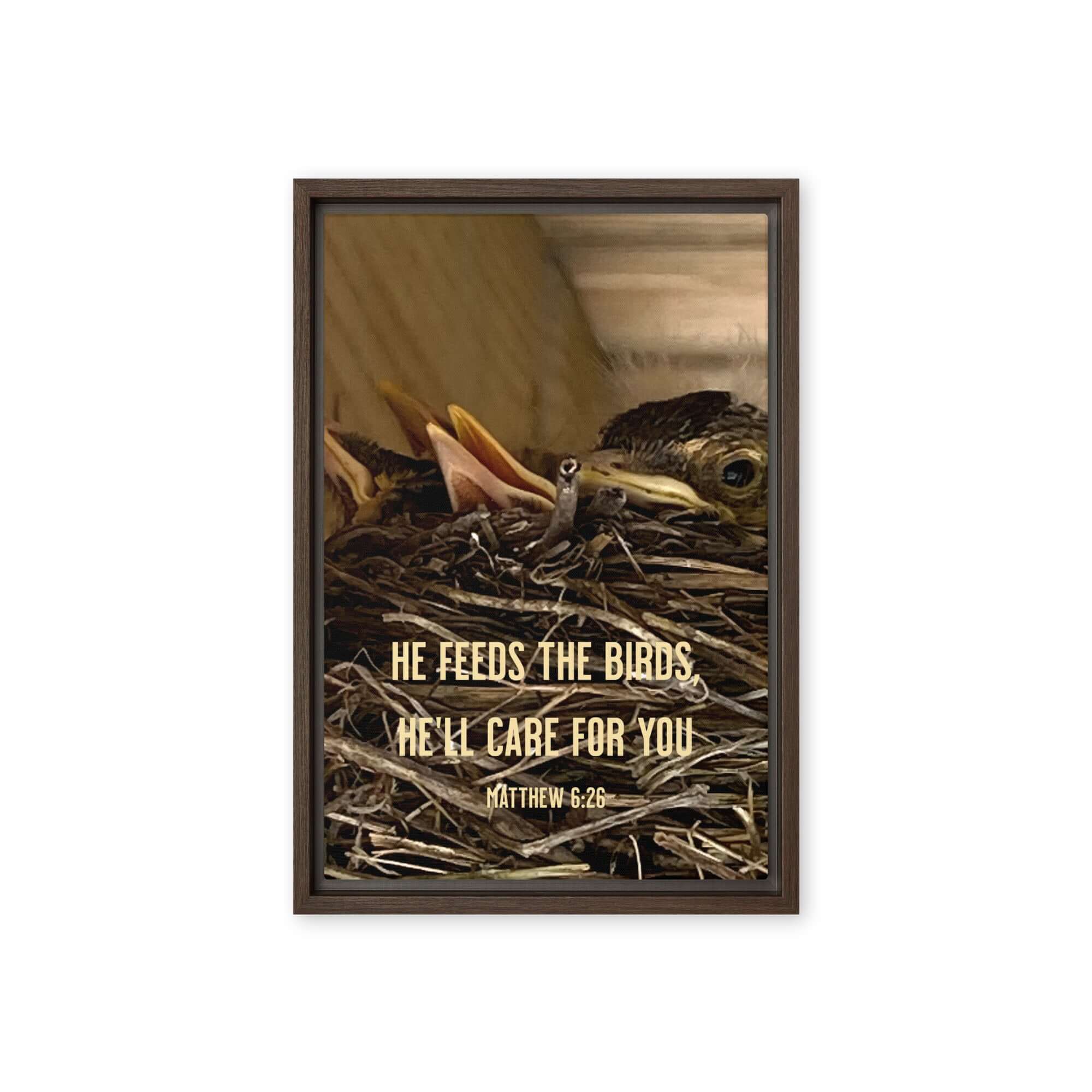 Matthew 6:26 Baby Robins, He'll Care for You Framed Canvas Print Wall Art Brown 12″×18″