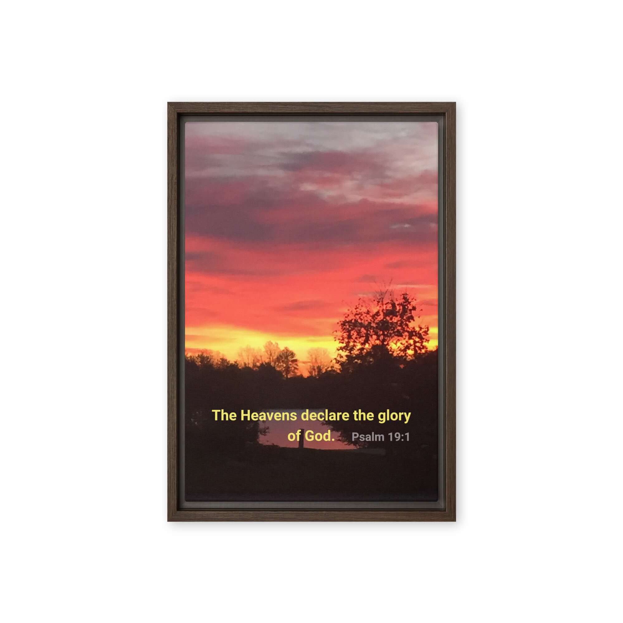 Psalm 19:1 Bible Verse, Sunset Glory Framed Canvas Print Wall Art Brown 12″×18″