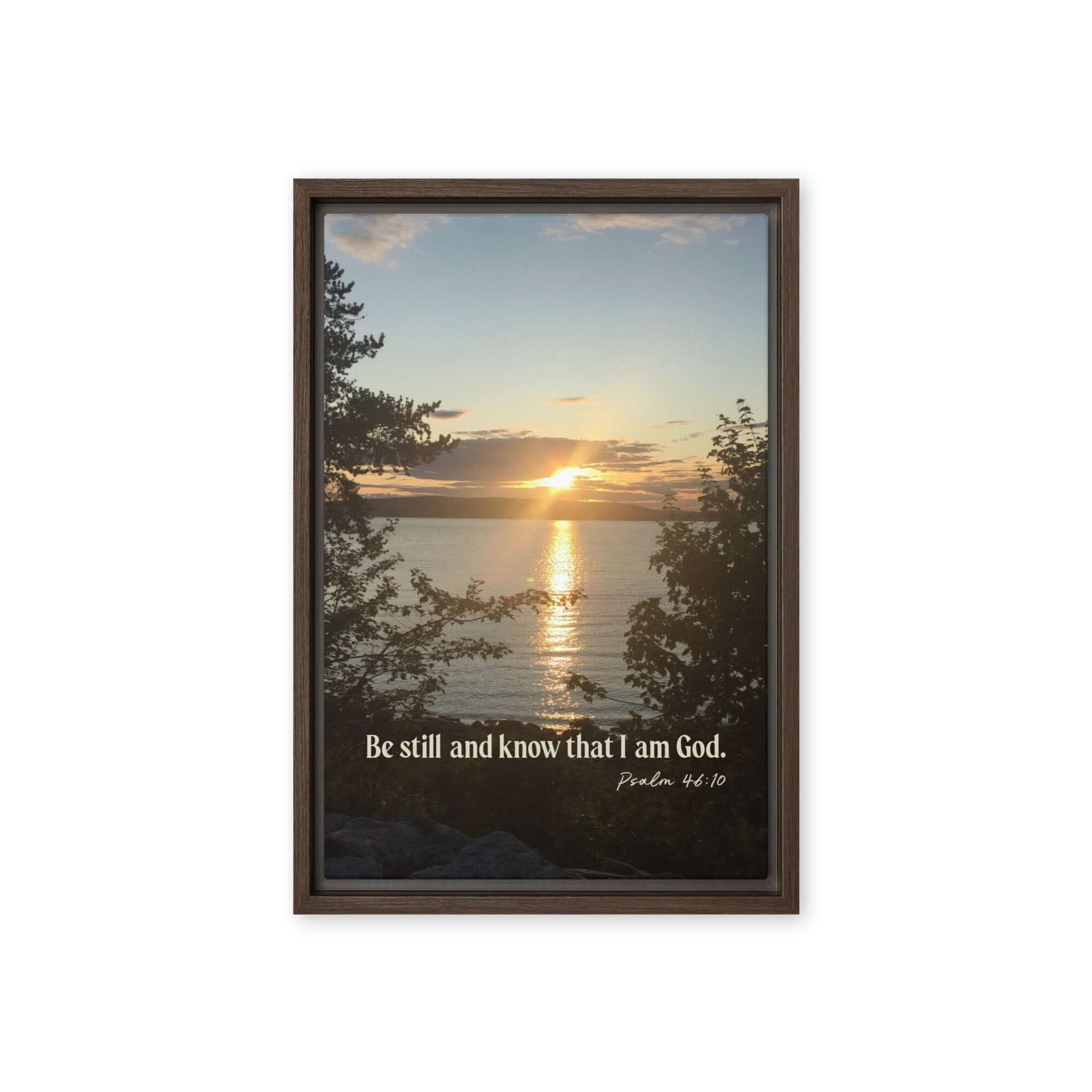 Psalm 46:10 Bible Verse, Sunset Glory Framed Canvas Print Wall Art Brown 12″×18″