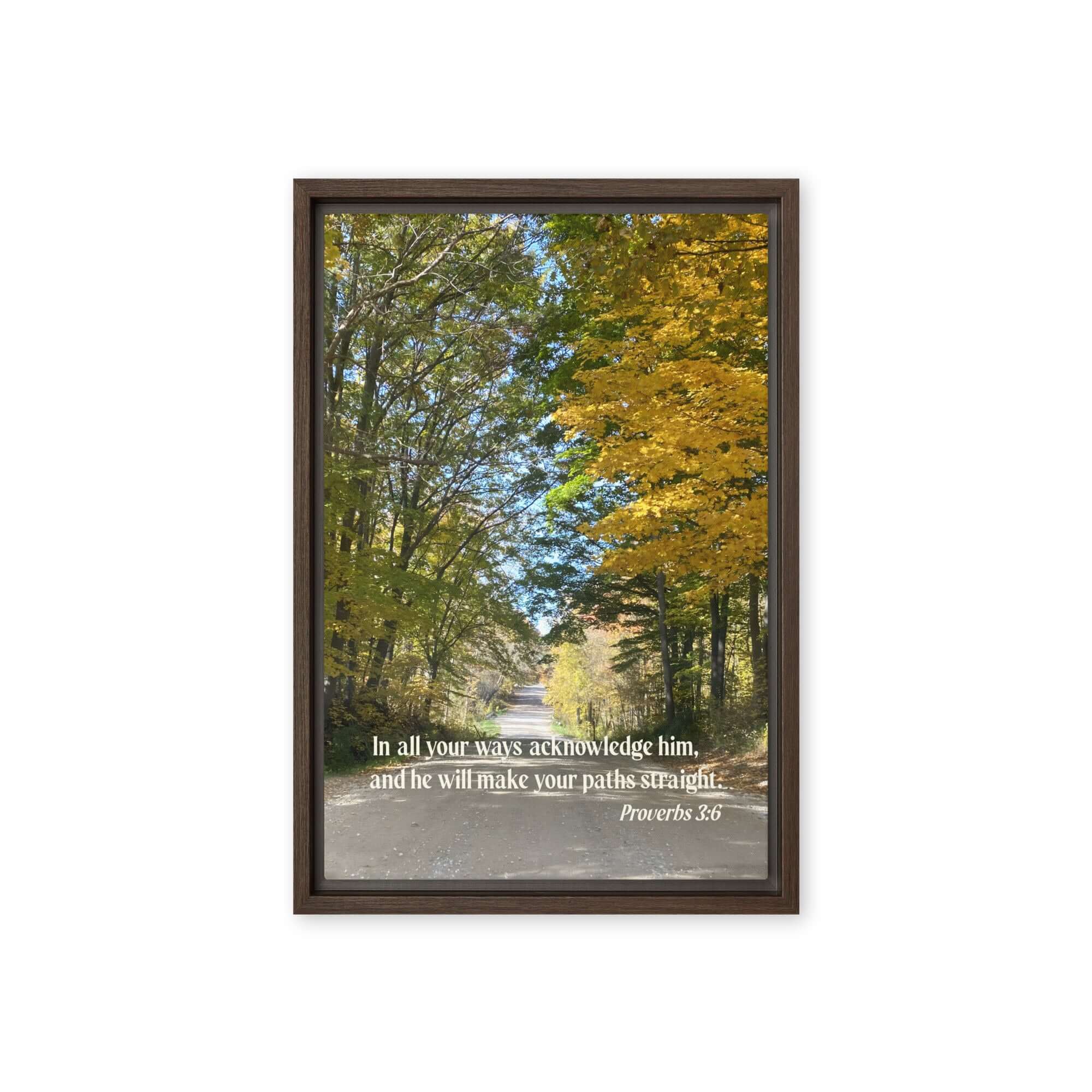 Proverbs 3:6 Bible Verse, Fall Road Framed Canvas Print Wall Art Brown 12″×18″