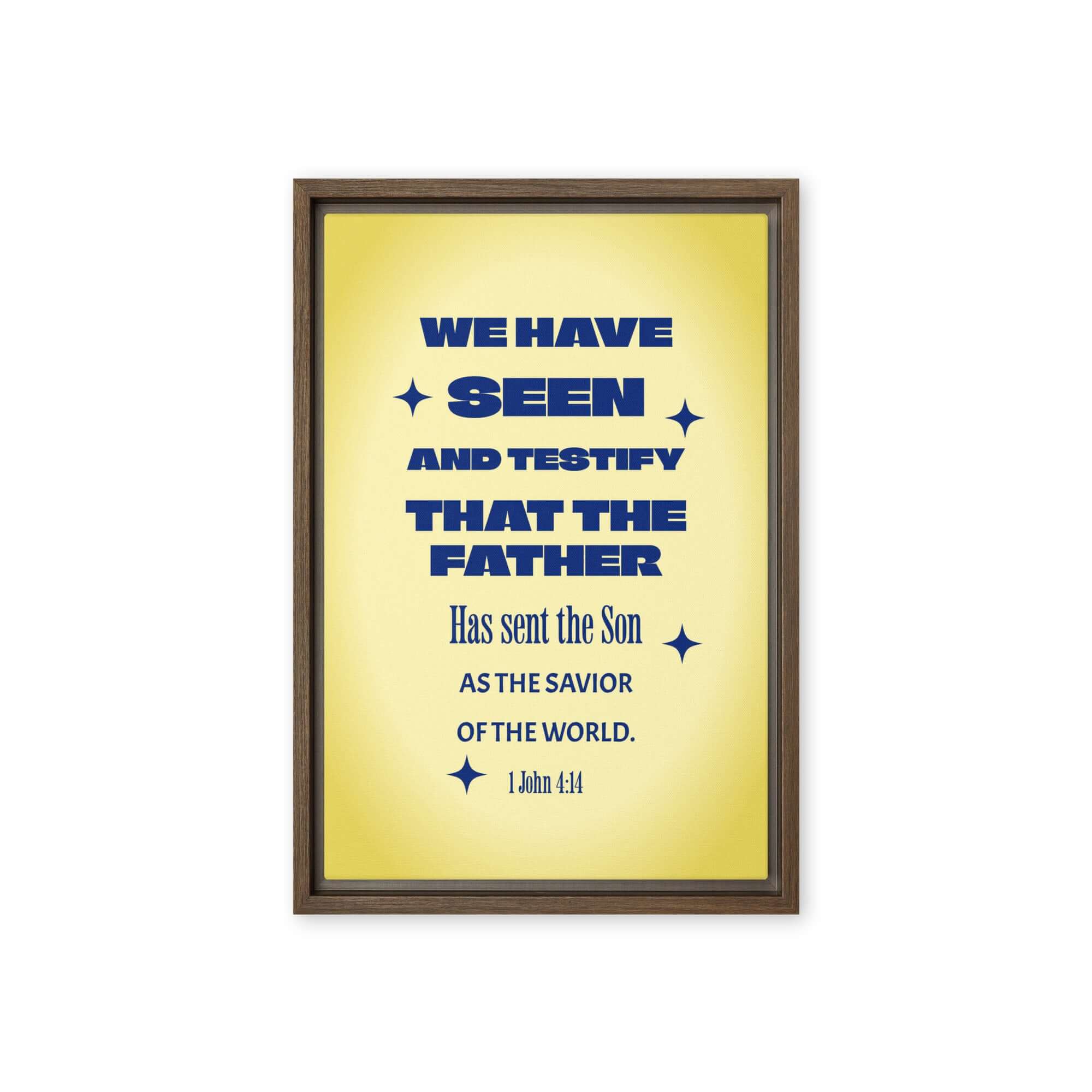 1 John 4:14 Bible Verse, Savior of the world Framed Canvas Print Wall Art Brown 12″×18″