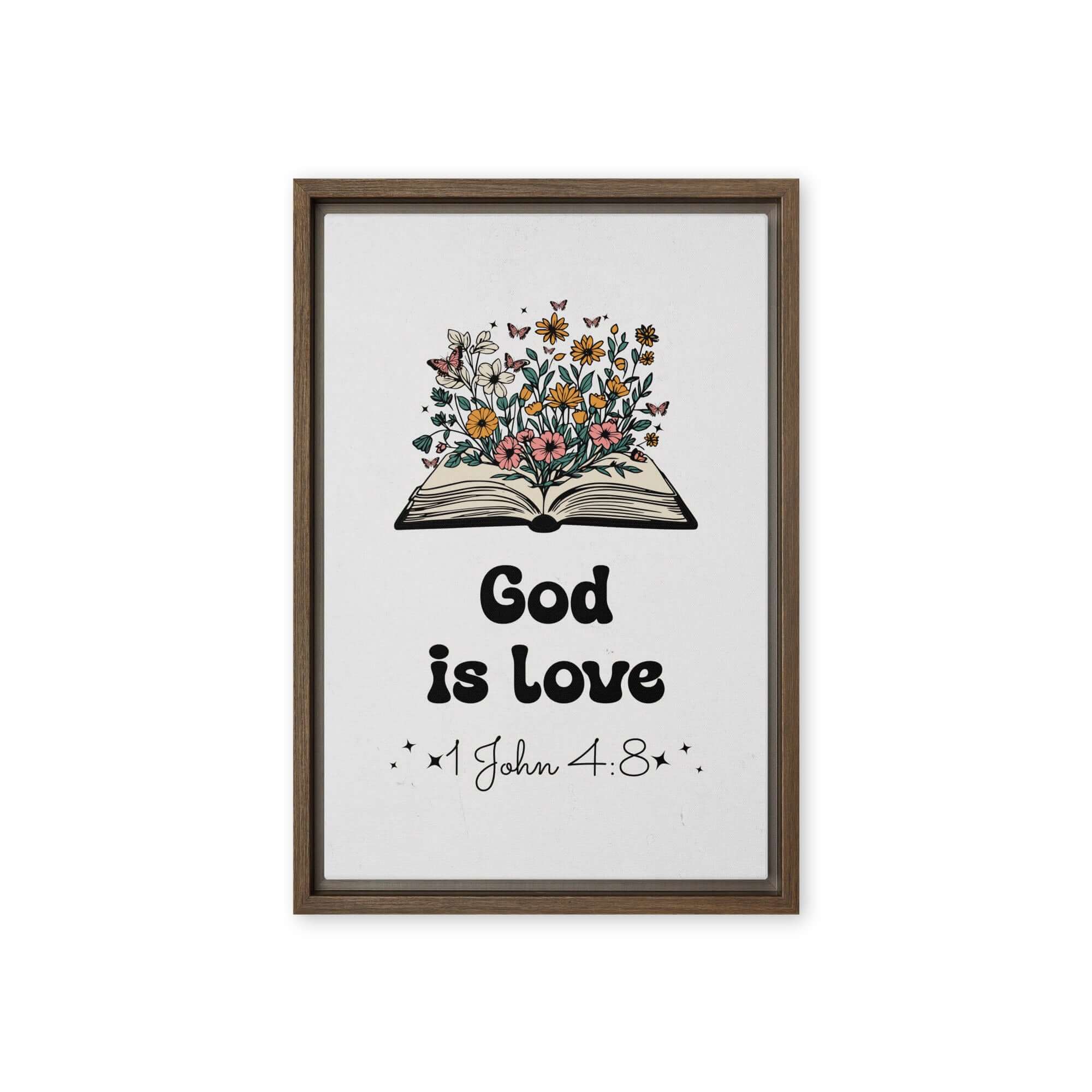 1 John 4:8 Bible Verse, God is Love Framed Canvas Print Wall Art Brown 12″×18″