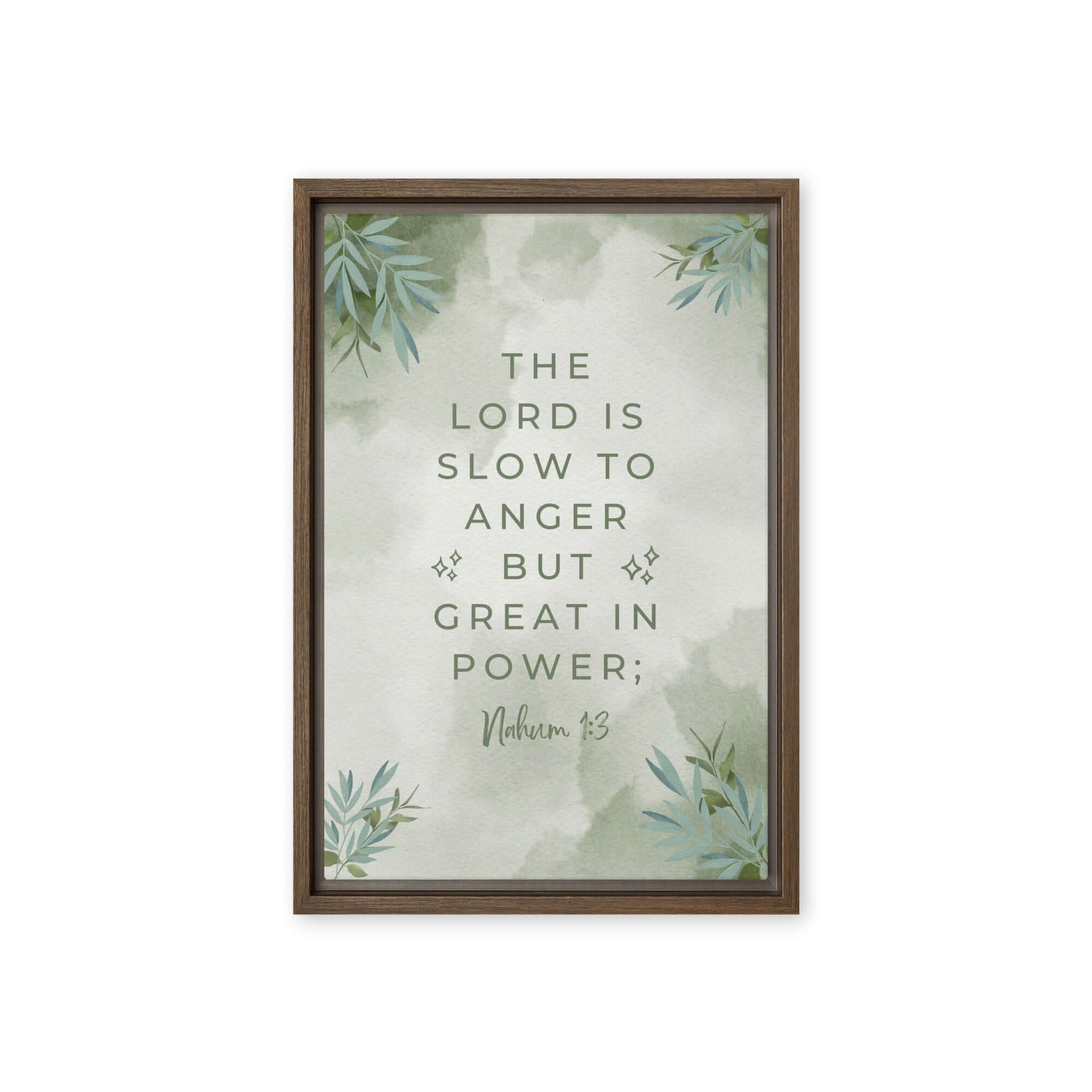 Nahum 1:3 Bible Verse, The Lord is slow Framed Canvas Print Wall Art Brown 12″×18″