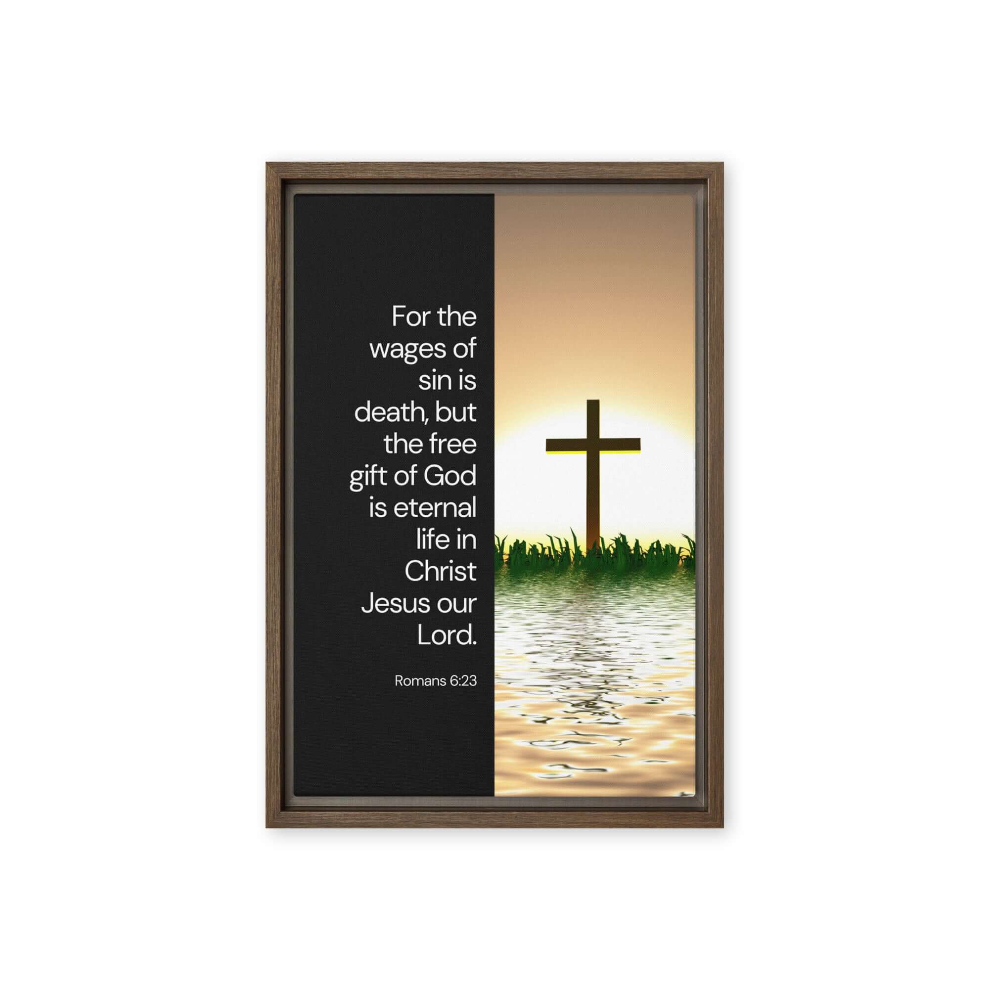 Romans 6:23 Bible Verse, the wages Framed Canvas Print Wall Art Brown 12″×18″