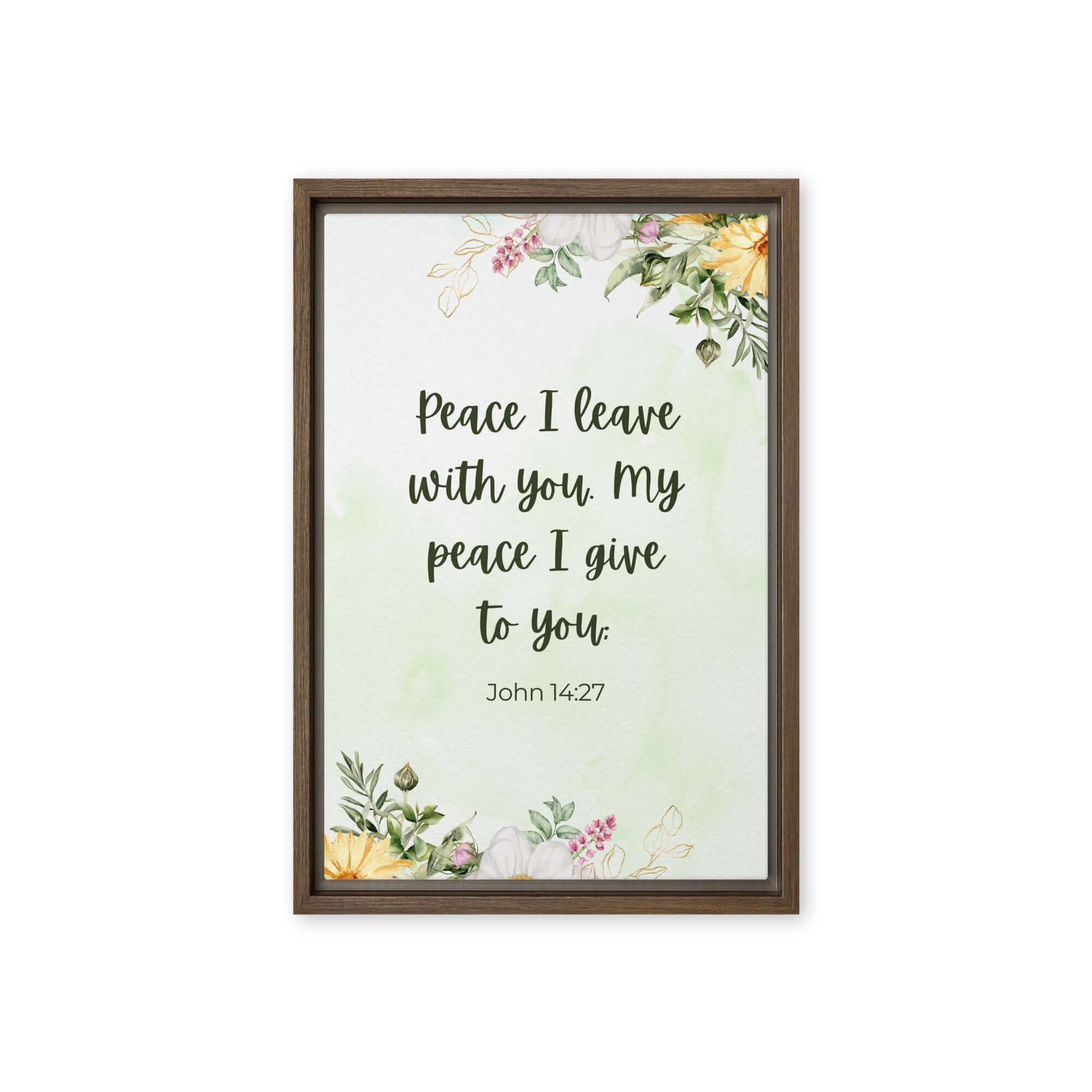 John 14:27 Bible Verse, My peace Framed Canvas Print Wall Art Brown 12″×18″