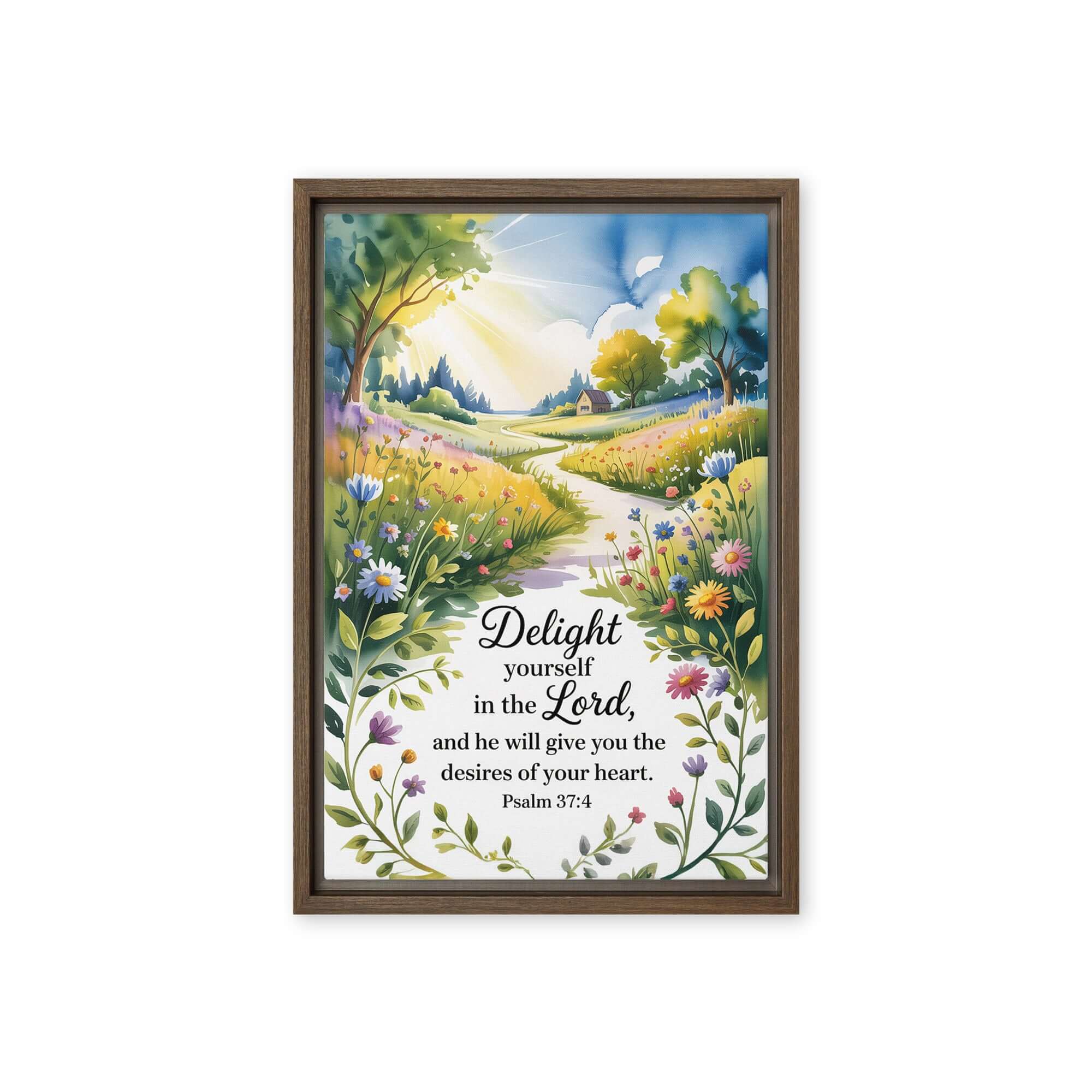 Psalm 37:4 Bible Verse, desires Framed Canvas Brown 12″×18″