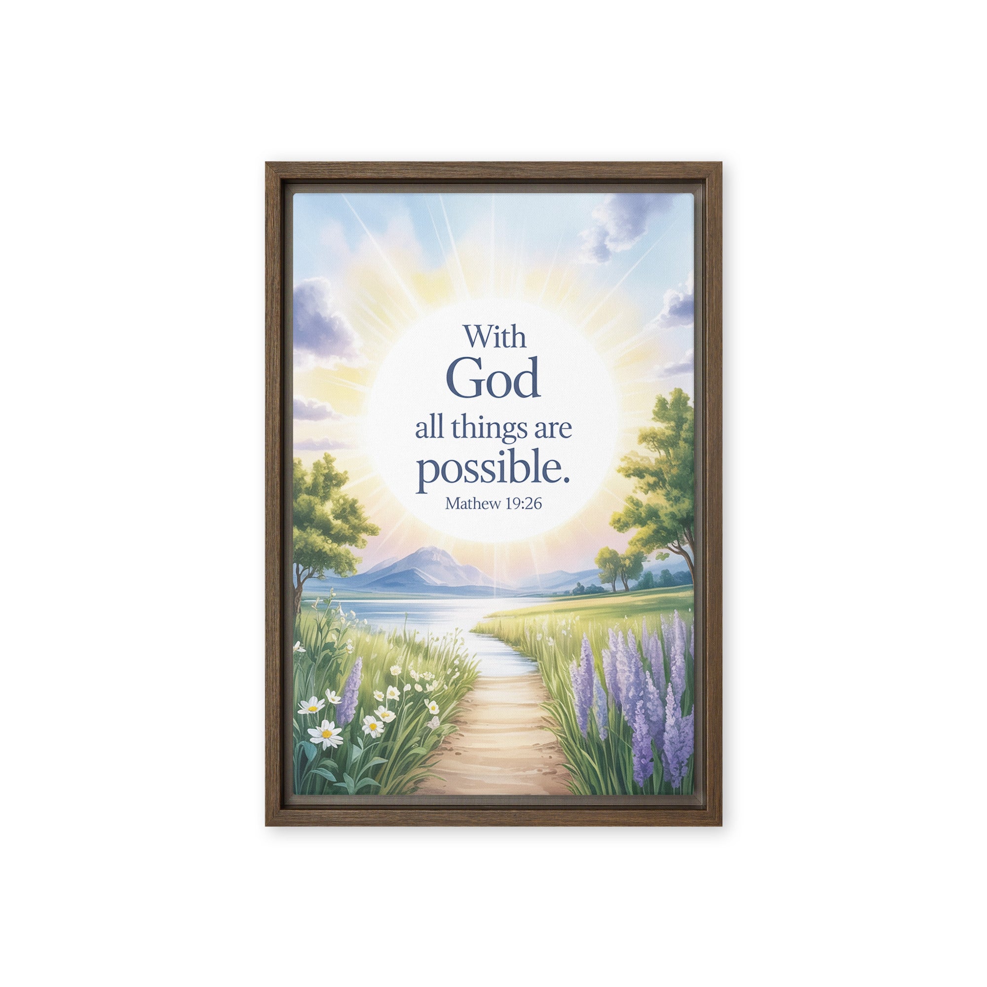 Matthew 19:26 Bible Verse Looking at Framed Canvas Brown 12″×18″