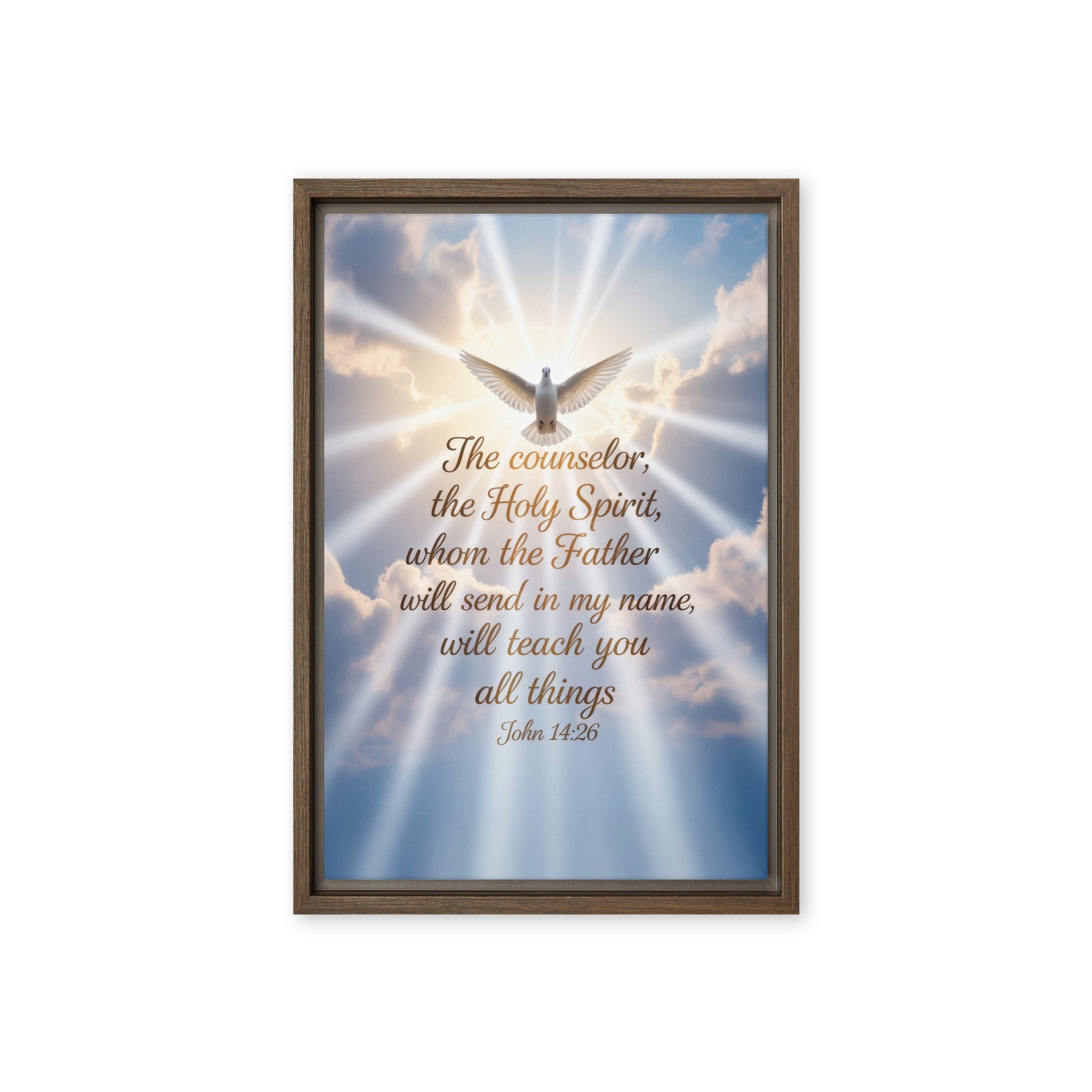 John 14:26 Bible Verse Father Framed Canvas Brown 12″×18″