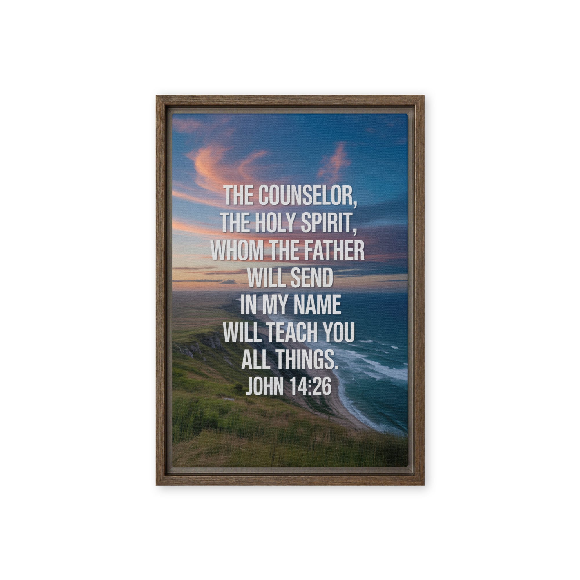 John 14:26 Bible Verse will teach Framed Canvas Brown 12″×18″