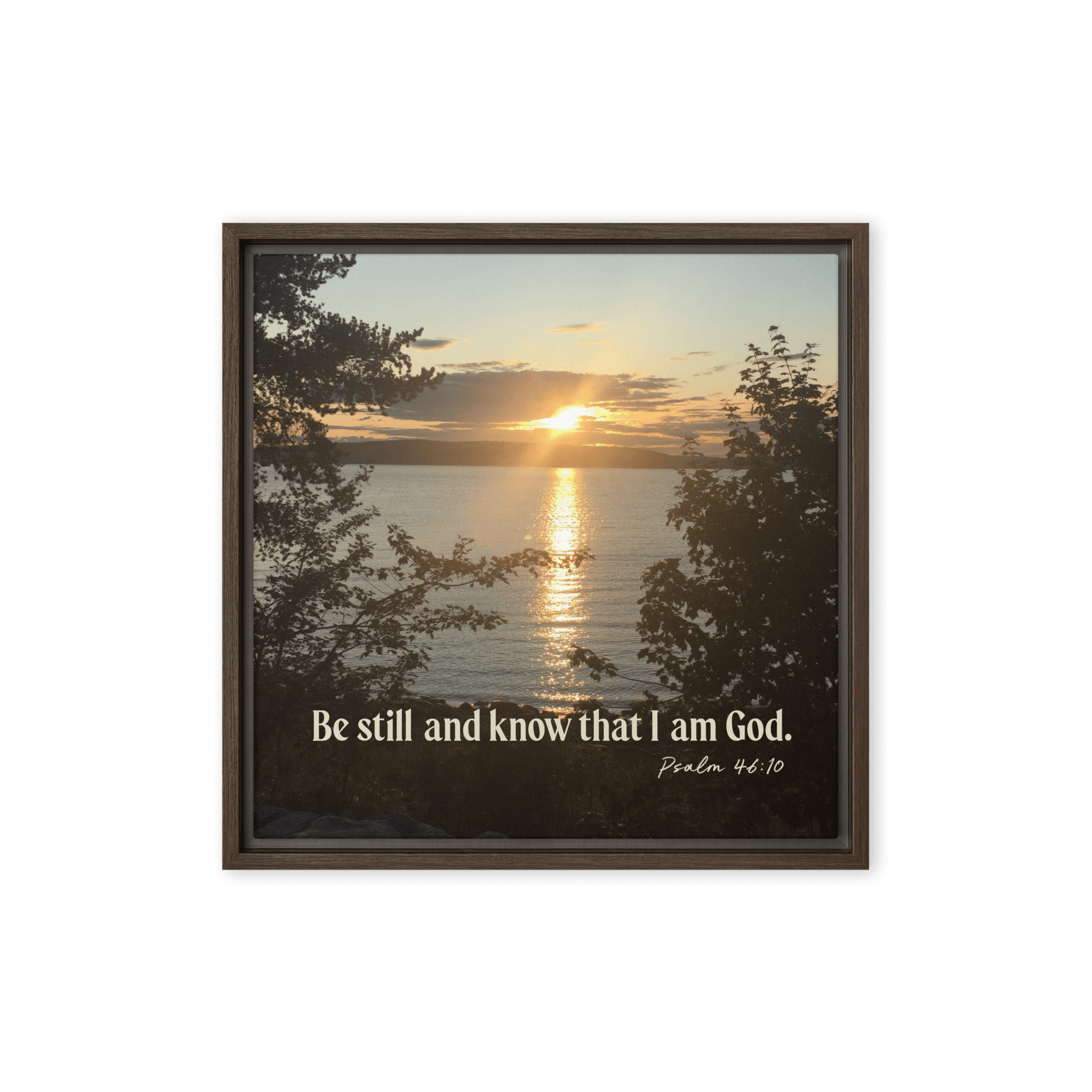 Psalm 46:10 Bible Verse, Sunset Glory Framed Canvas Print Wall Art Brown 16″×16″