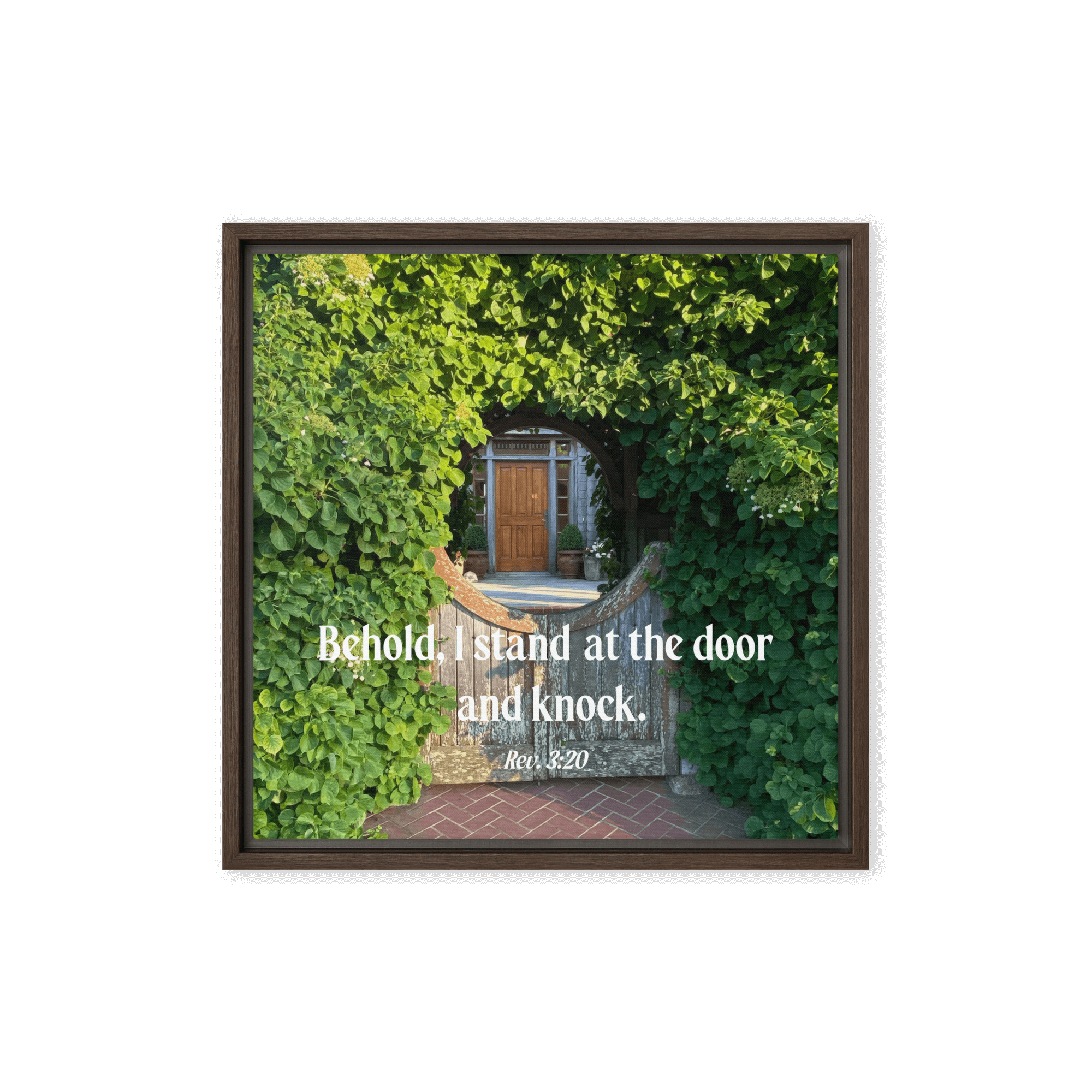 Revelation 3:20 Bible Verse, Garden Doorway Framed Canvas Print Wall Art Brown 16″×16″