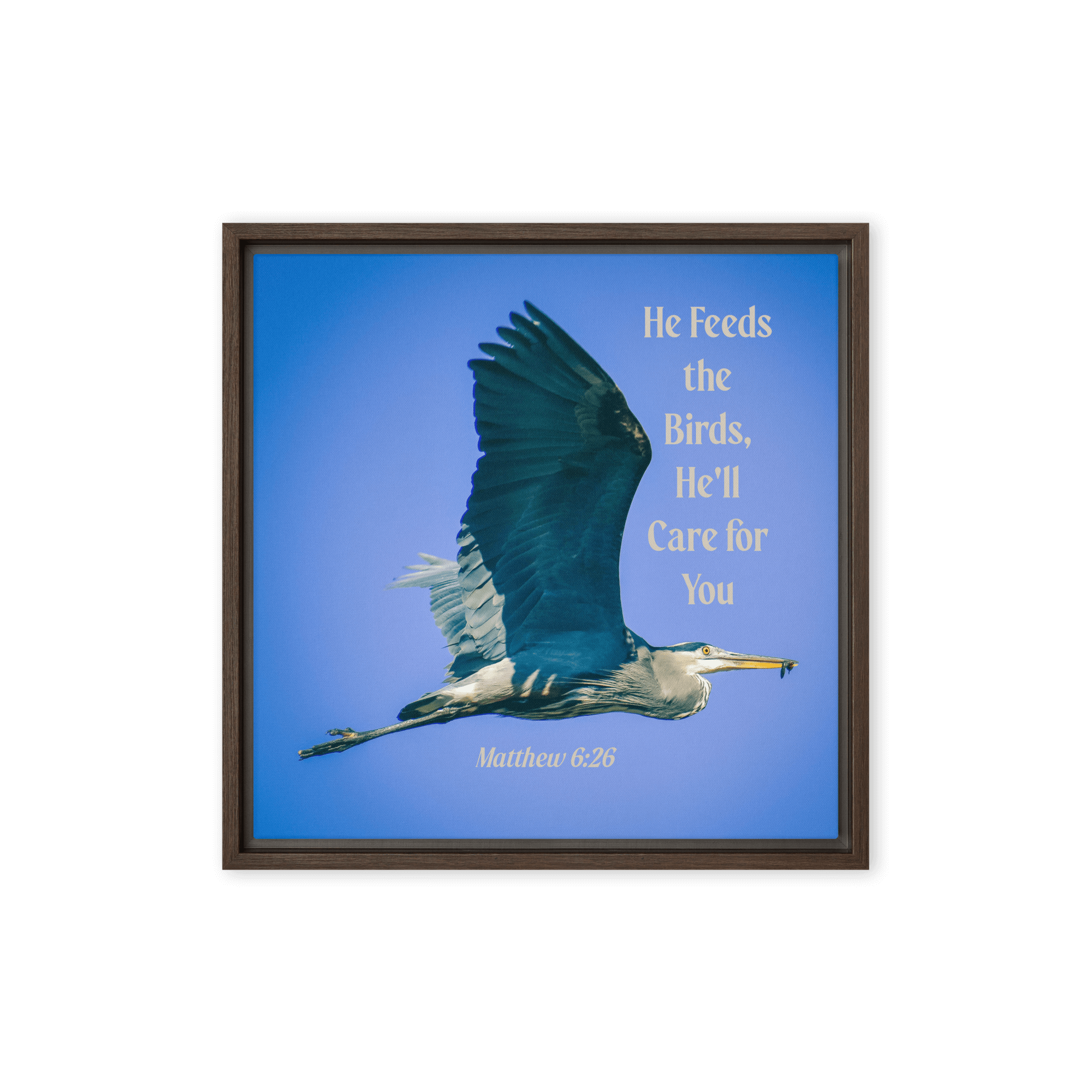 Matthew 6:26 Graceful Heron, He'll Care for You Framed Canvas Print Wall Art Brown 16″×16″