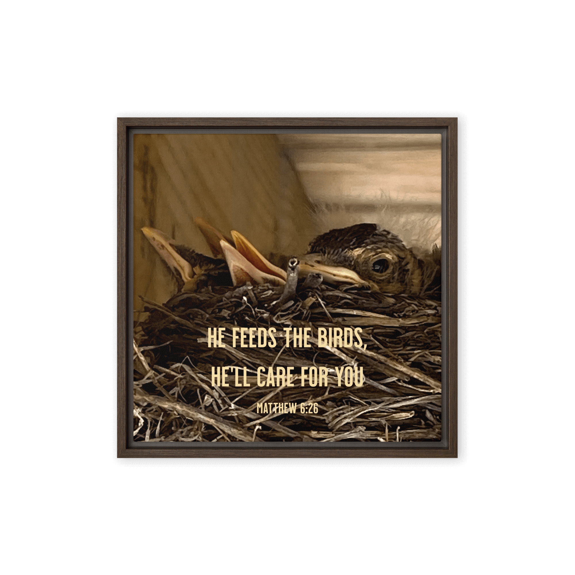 Matthew 6:26 Baby Robins, He'll Care for You Framed Canvas Print Wall Art Brown 16″×16″