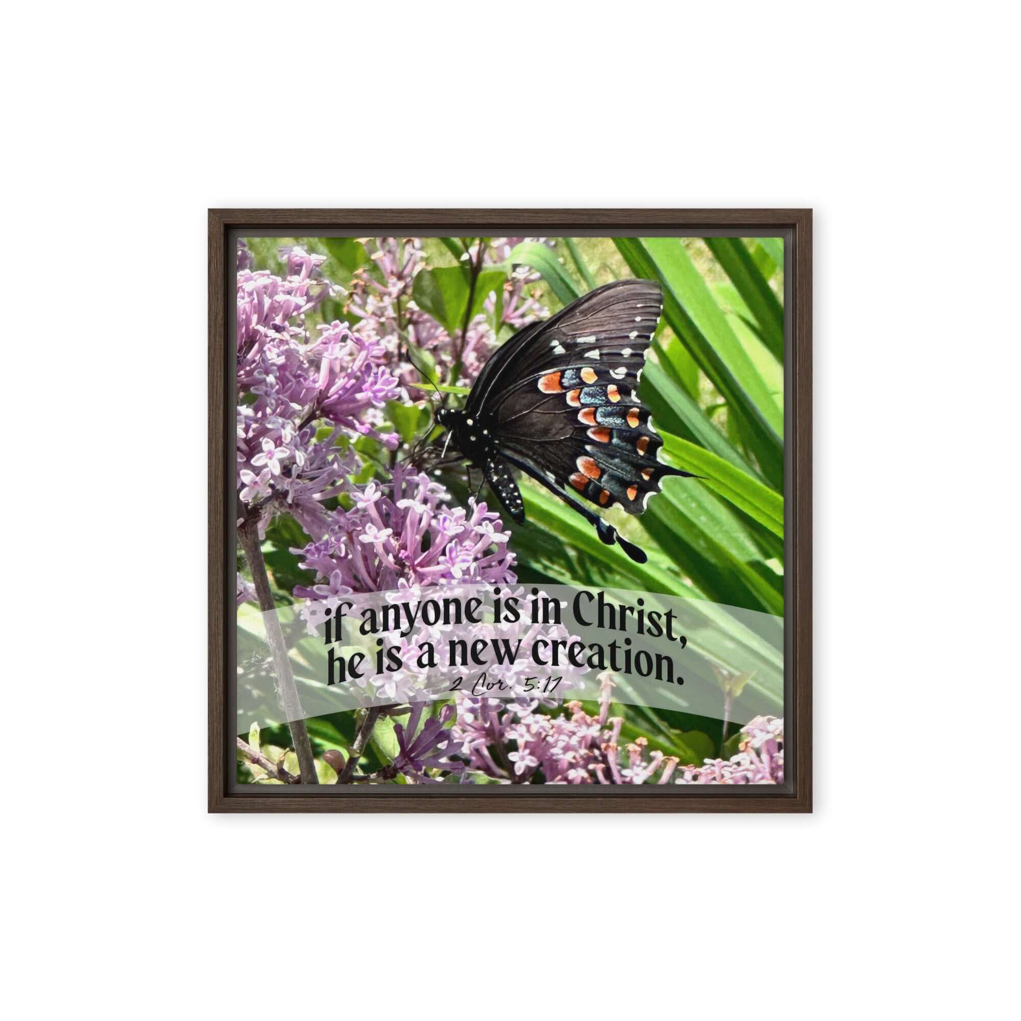 2 Corinthians 5:17 Bible Verse, Butterfly Framed Canvas Print Wall Art Brown 16″×16″