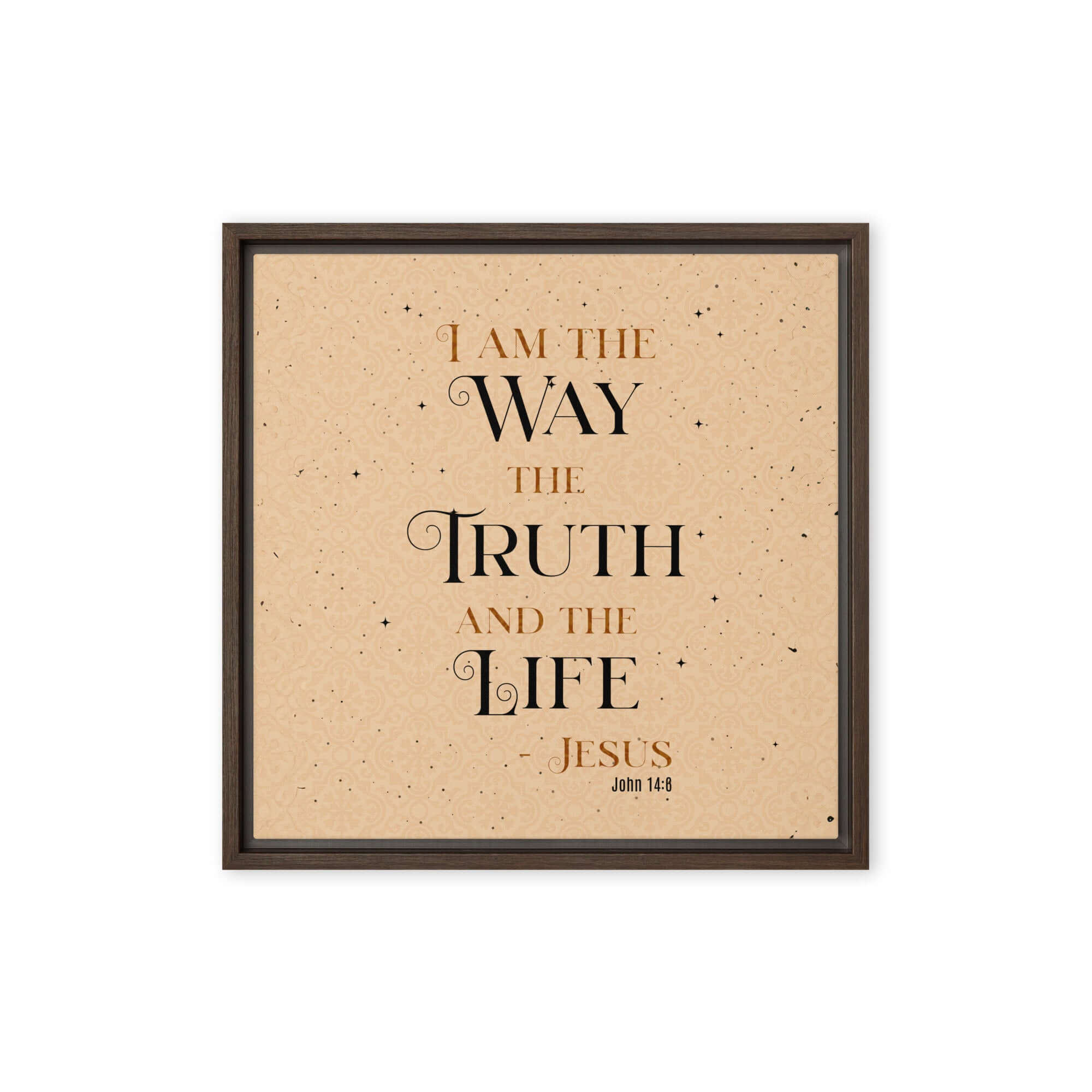 John 14:6 Bible Verse, Color Text Brown Background Framed Canvas Print Wall Art Brown 16″×16″
