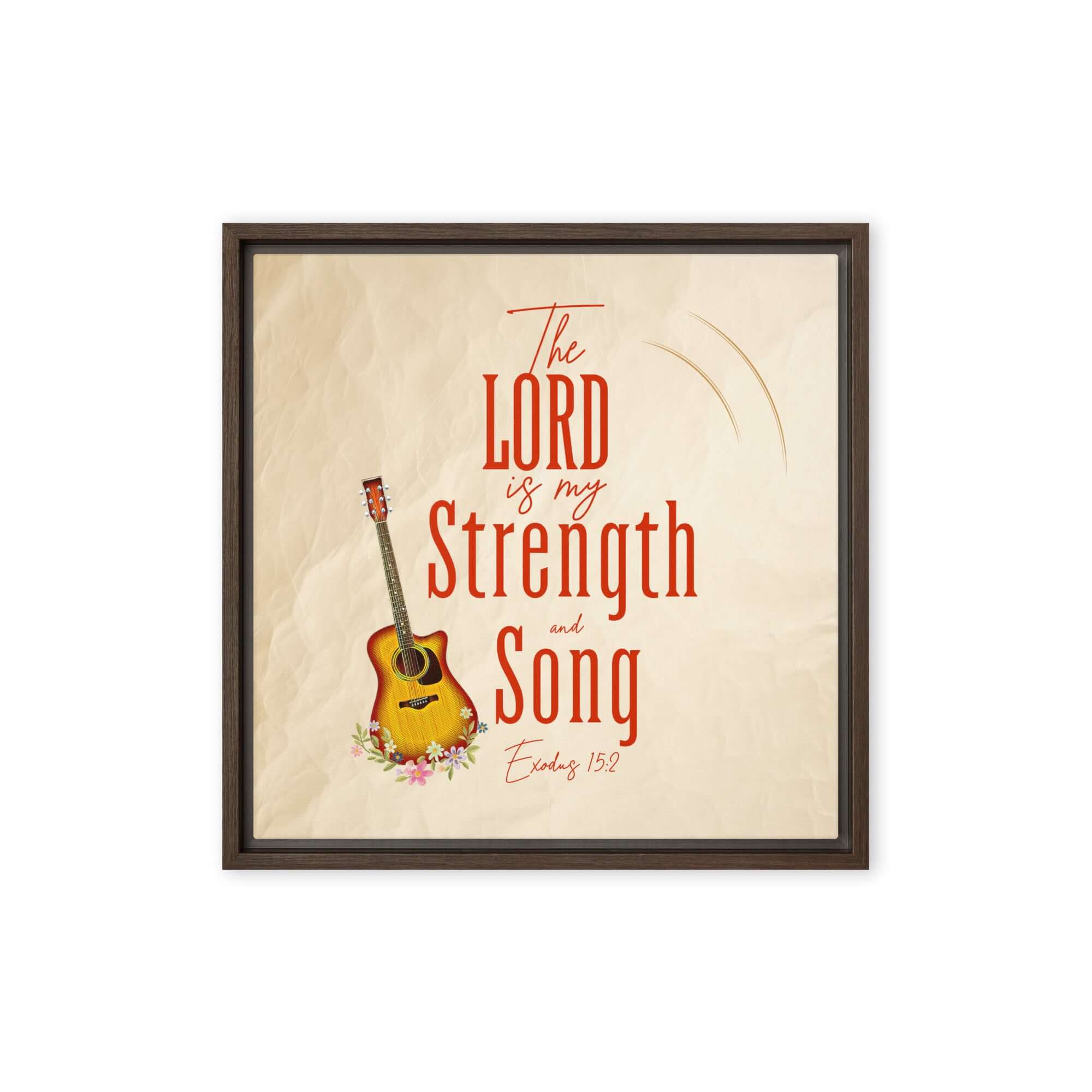 Exodus 15:2 Bible Verse, The LORD is my strength Framed Canvas Print Wall Art Brown 16″×16″