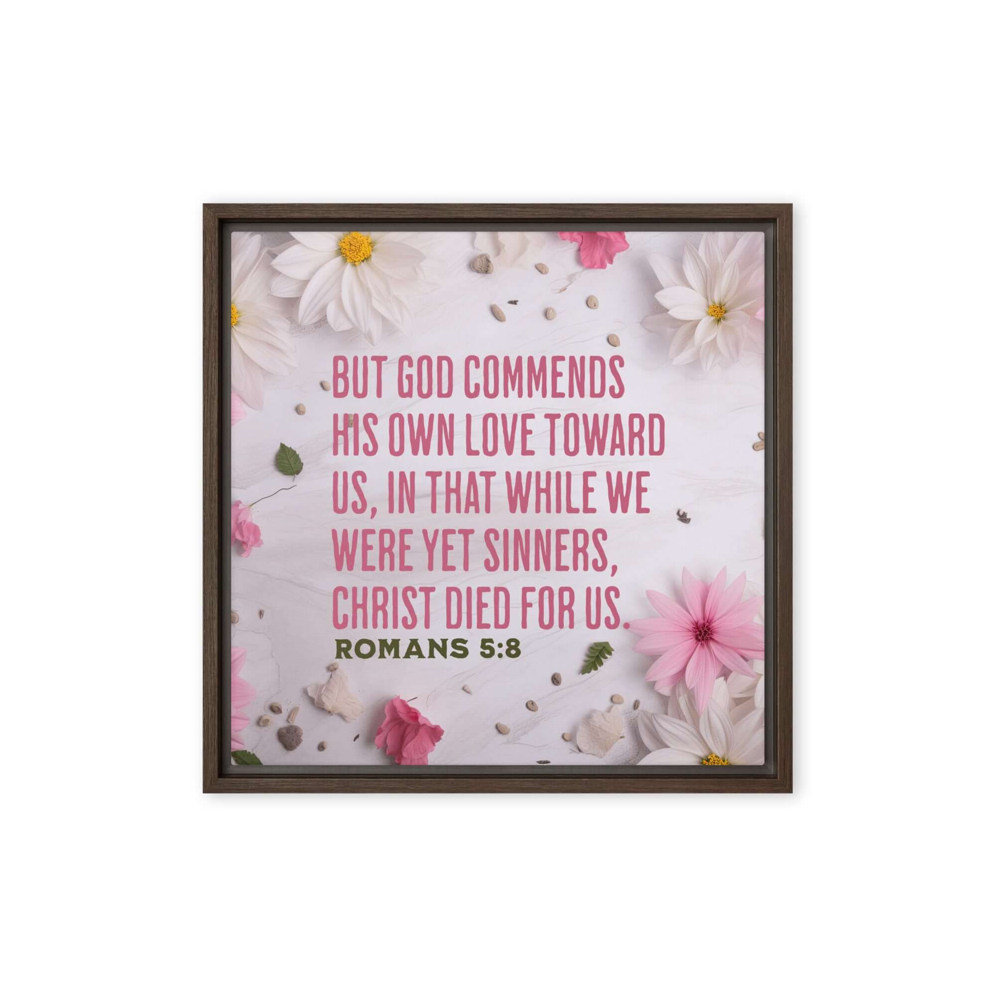 Romans 5:8 Bible Verse, Christ Died for Us Framed Canvas Print Wall Art Brown 16″×16″
