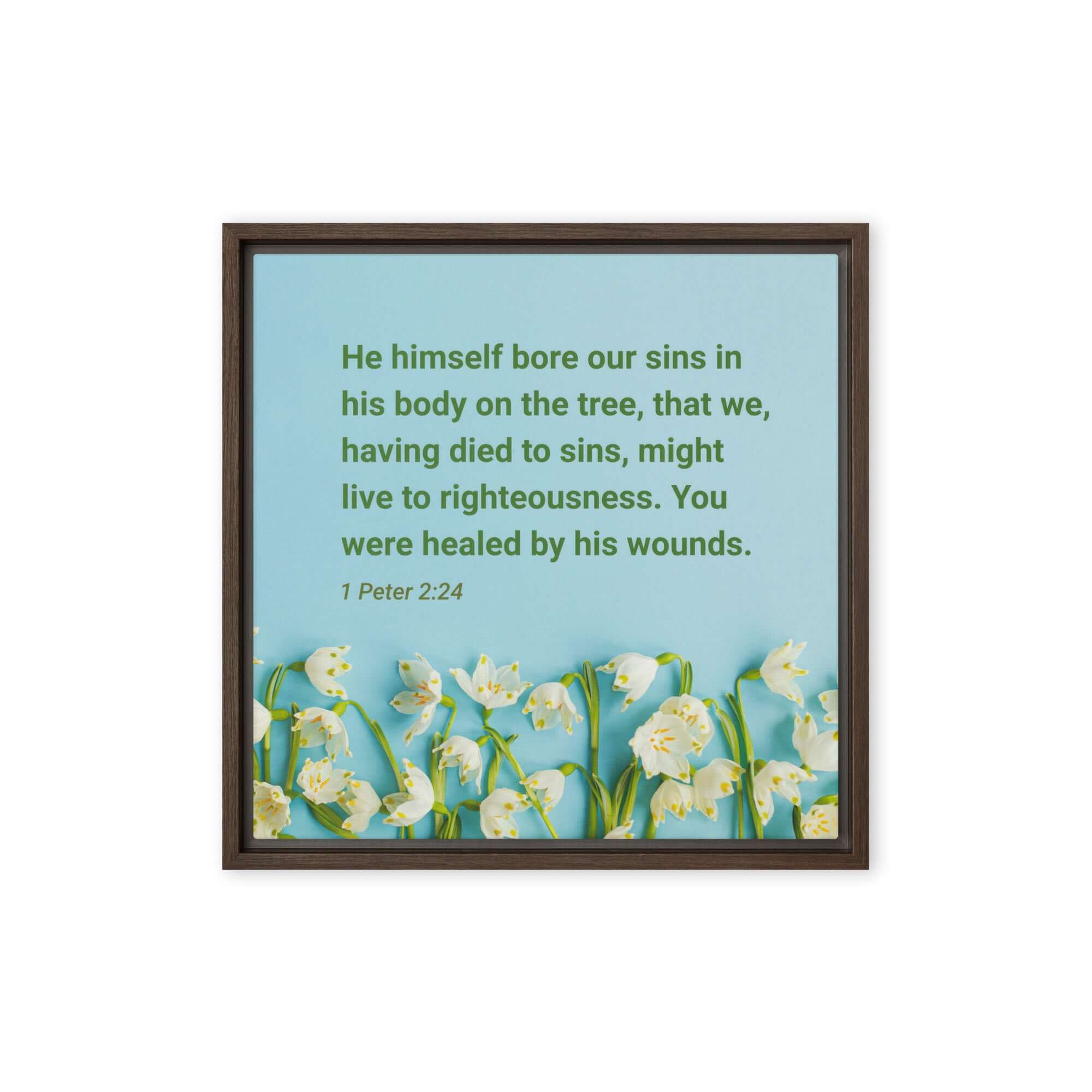 1 Peter 2:24 Bible Verse, healed by His wounds Framed Canvas Print Wall Art Brown 16″×16″