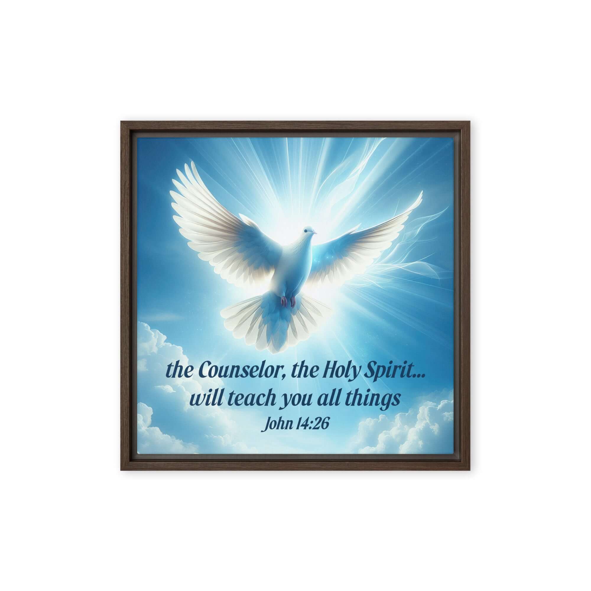 John 14:26 Bible Verse, Holy Spirit Dove Framed Canvas Print Wall Art Brown 16″×16″