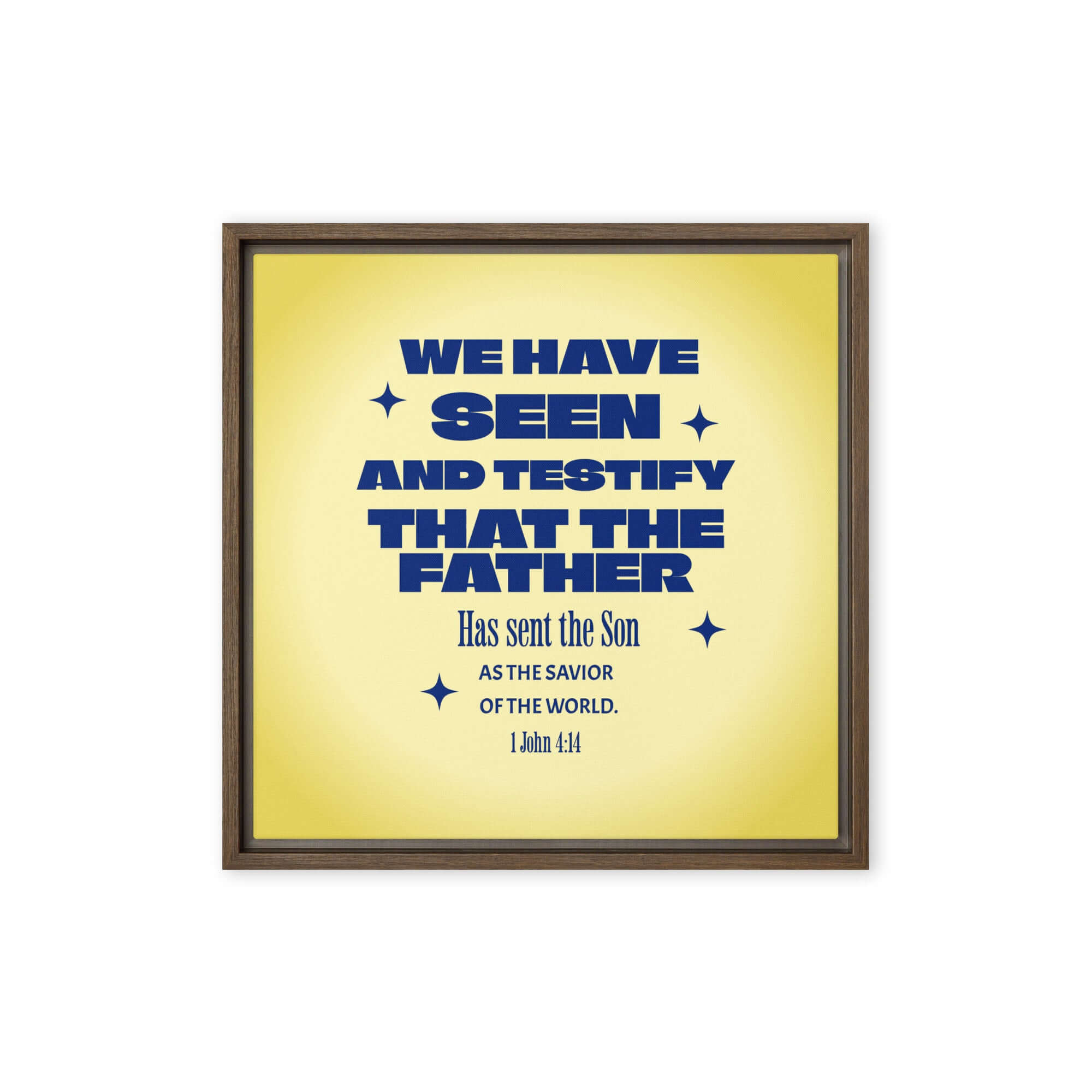 1 John 4:14 Bible Verse, Savior of the world Framed Canvas Print Wall Art Brown 16″×16″