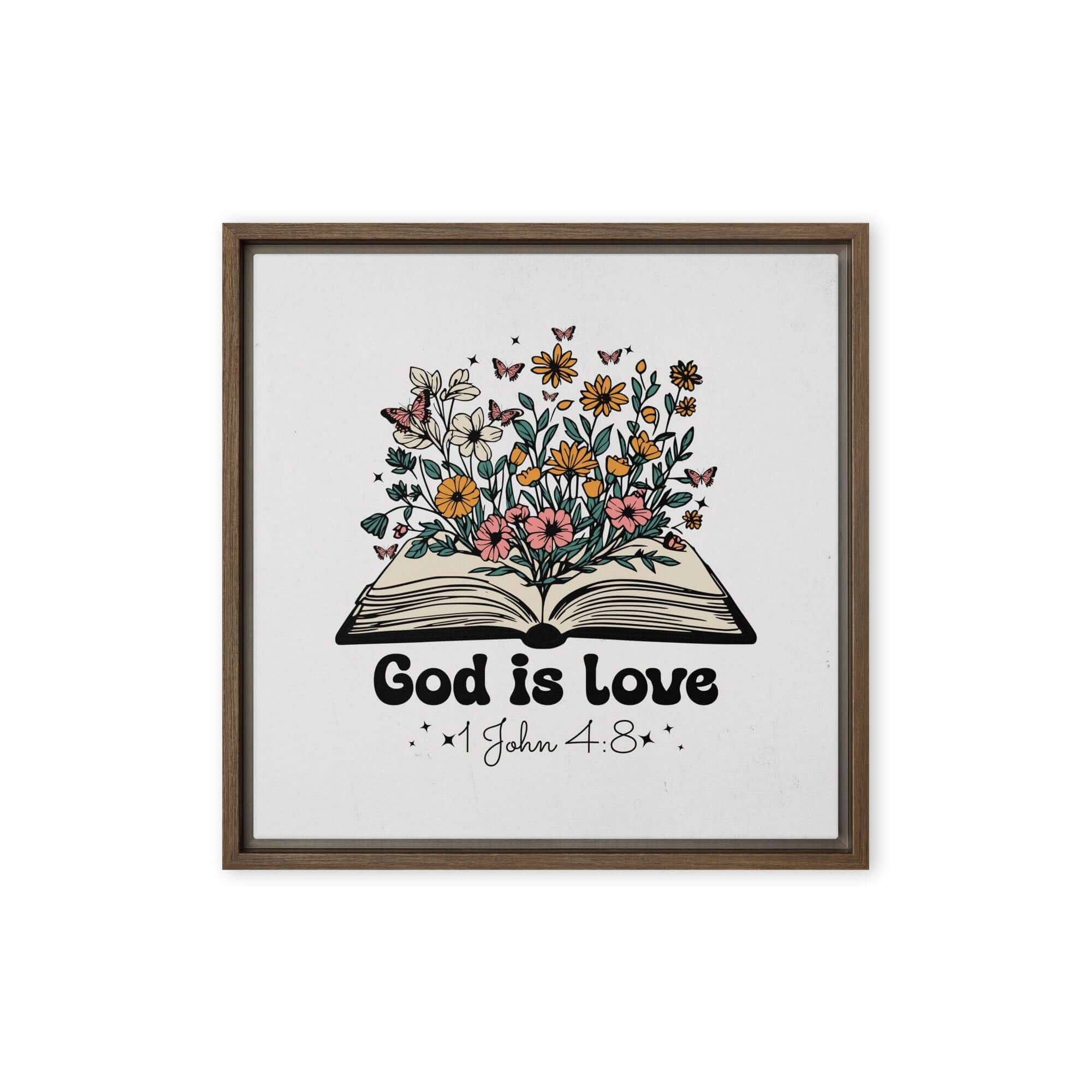 1 John 4:8 Bible Verse, God is Love Framed Canvas Print Wall Art Brown 16″×16″