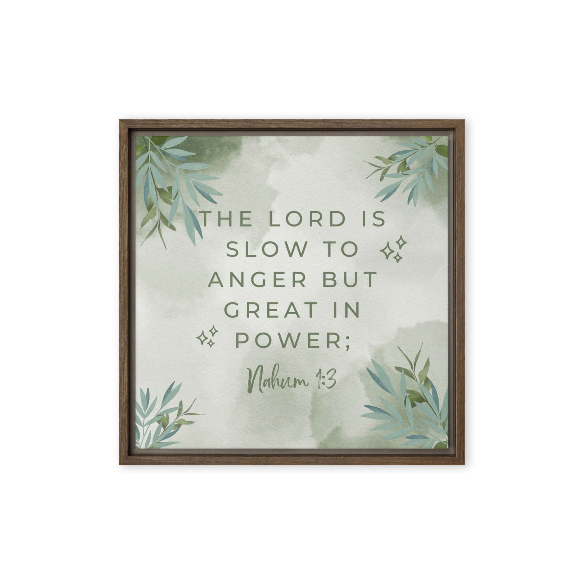 Nahum 1:3 Bible Verse, The Lord is slow Framed Canvas Print Wall Art Brown 16″×16″