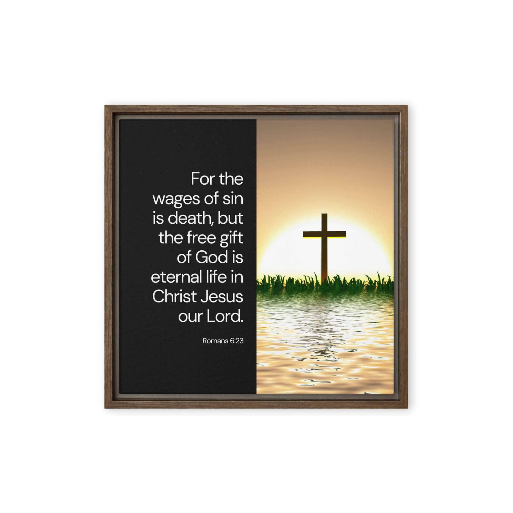 Romans 6:23 Bible Verse, the wages Framed Canvas Print Wall Art Brown 16″×16″