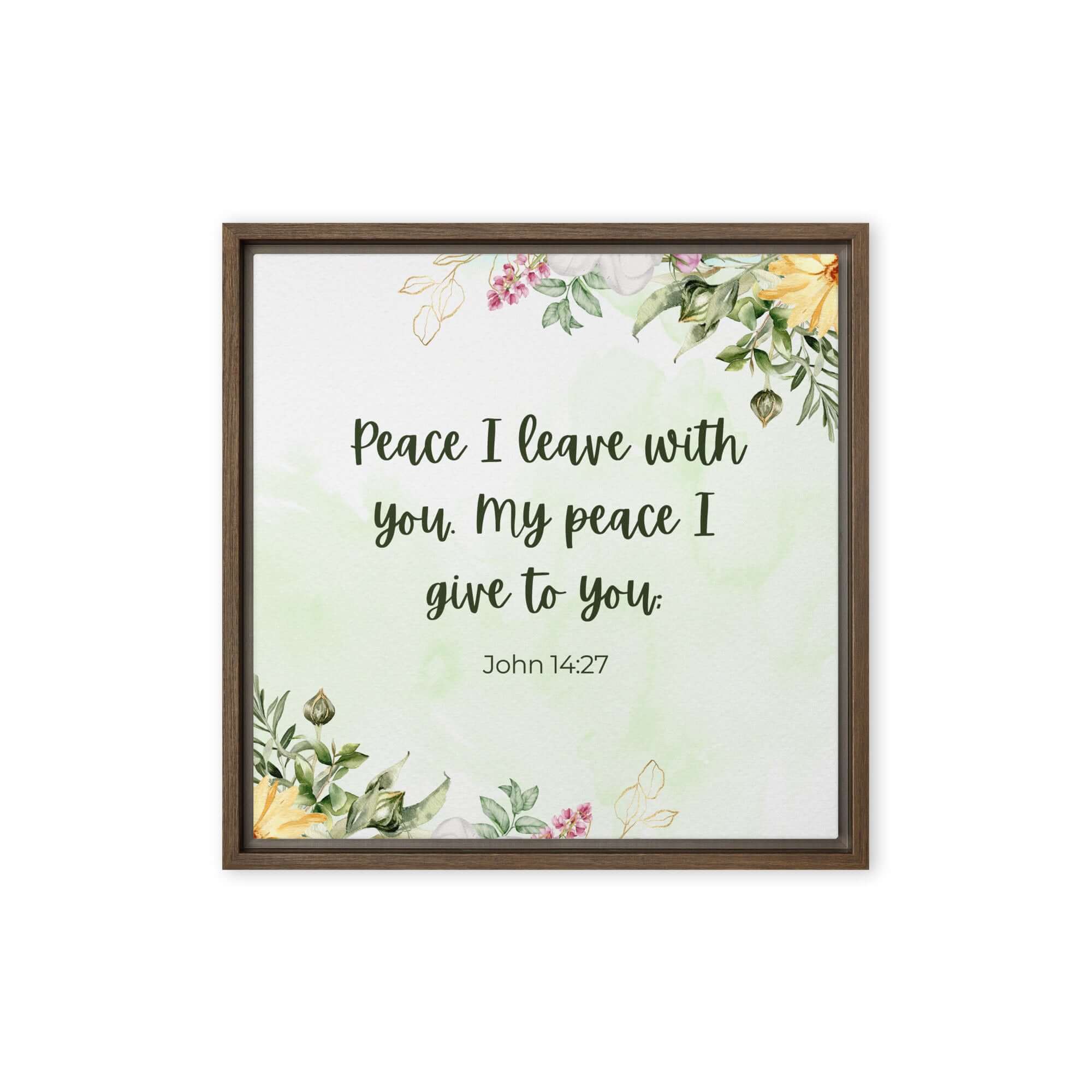 John 14:27 Bible Verse, My peace Framed Canvas Print Wall Art Brown 16″×16″