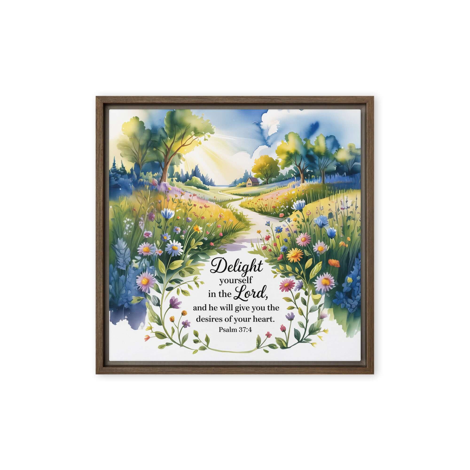 Psalm 37:4 Bible Verse, desires Framed Canvas Brown 16″×16″