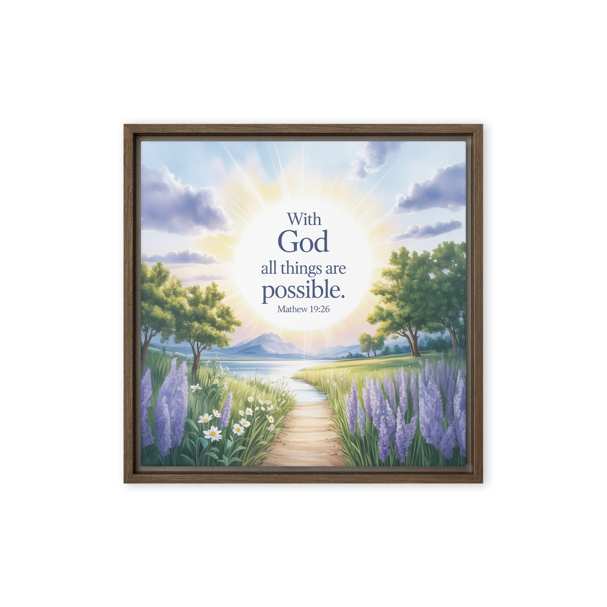 Matthew 19:26 Bible Verse Looking at Framed Canvas Brown 16″×16″