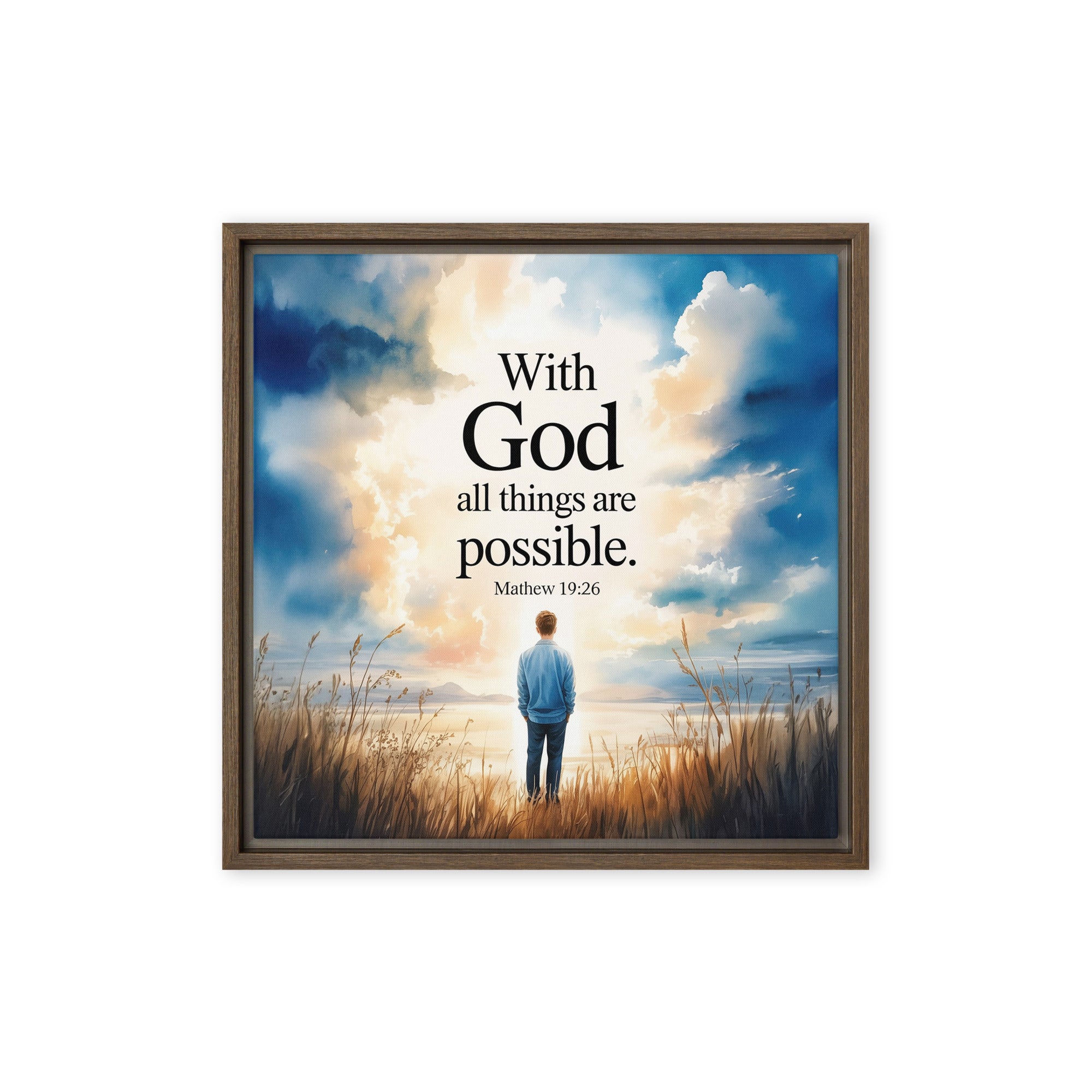 Matthew 19:26 Bible Verse Jesus Framed Canvas Brown 16″×16″