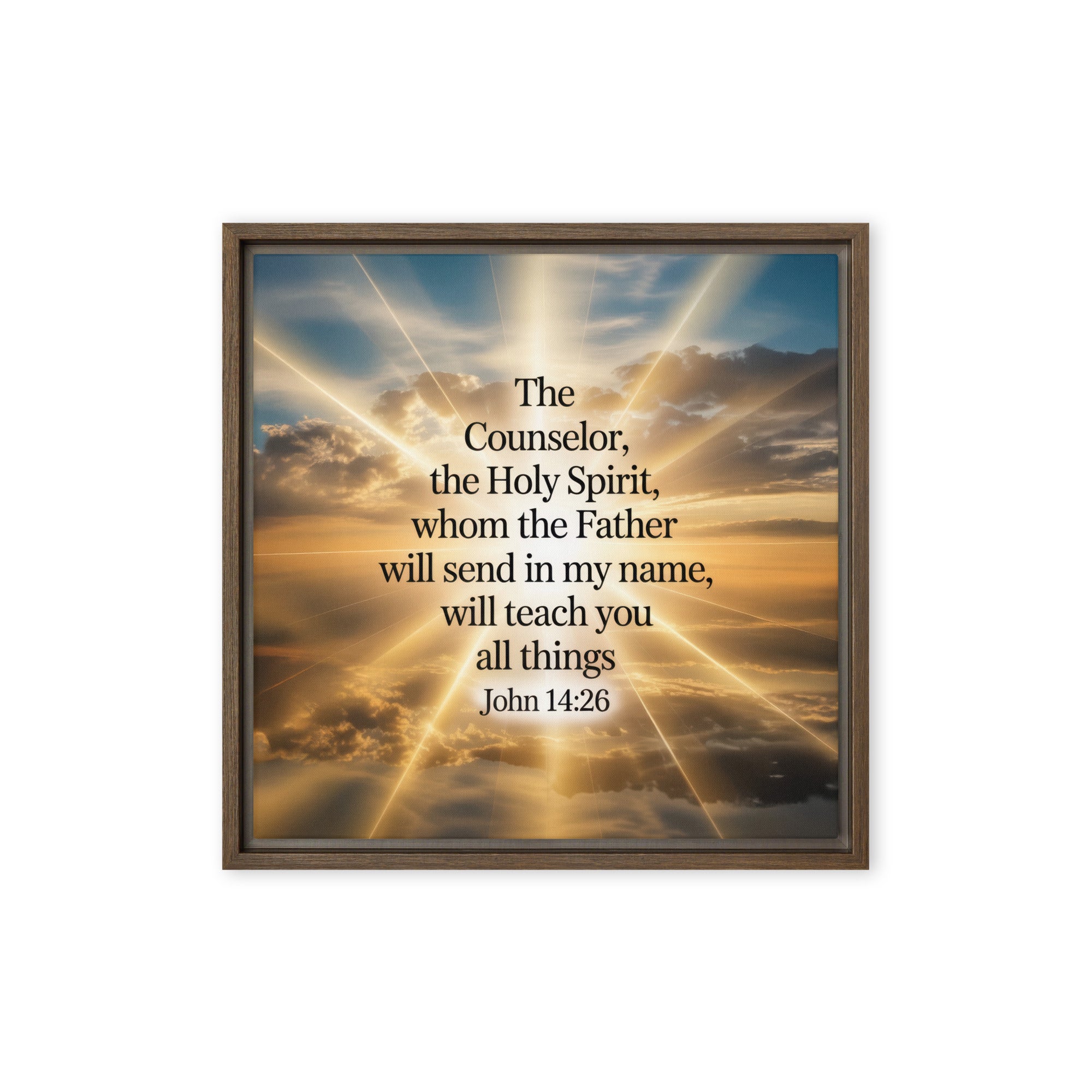 John 14:26 Bible Verse will send Framed Canvas Brown 16″×16″